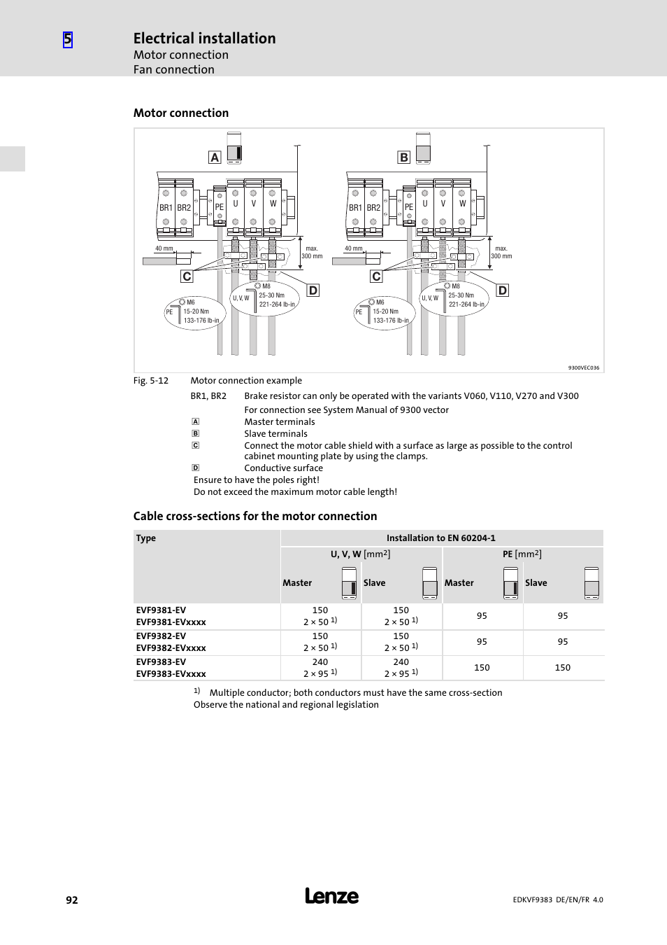 Electrical installation, Motor connection fan connection, Motor connection | Lenze EVF9383 User Manual | Page 92 / 166