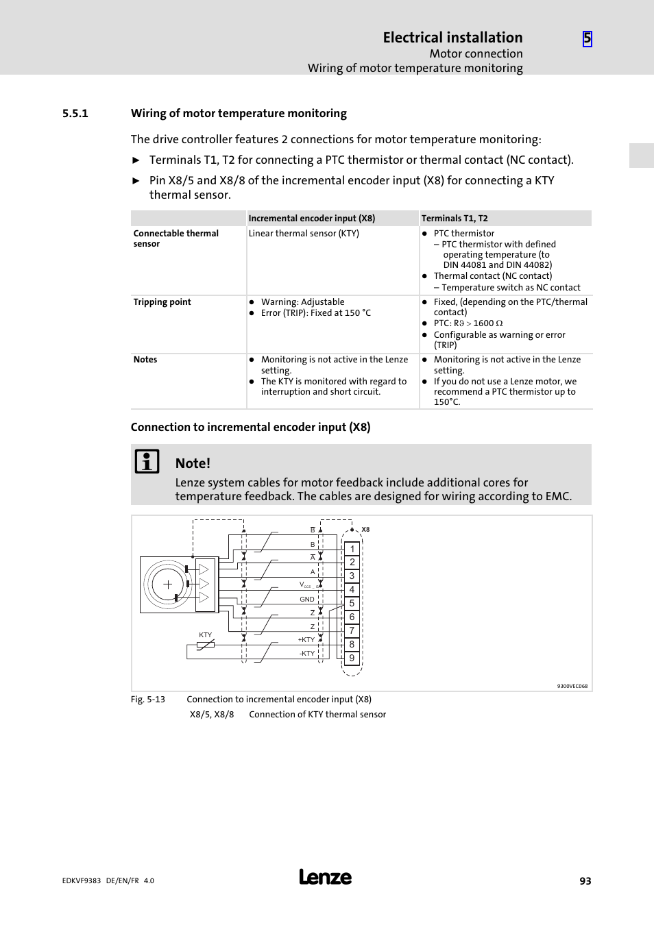 1 wiring of motor temperature monitoring, Wiring of motor temperature monitoring, Electrical installation | Connection to incremental encoder input (x8) | Lenze EVF9383 User Manual | Page 93 / 166