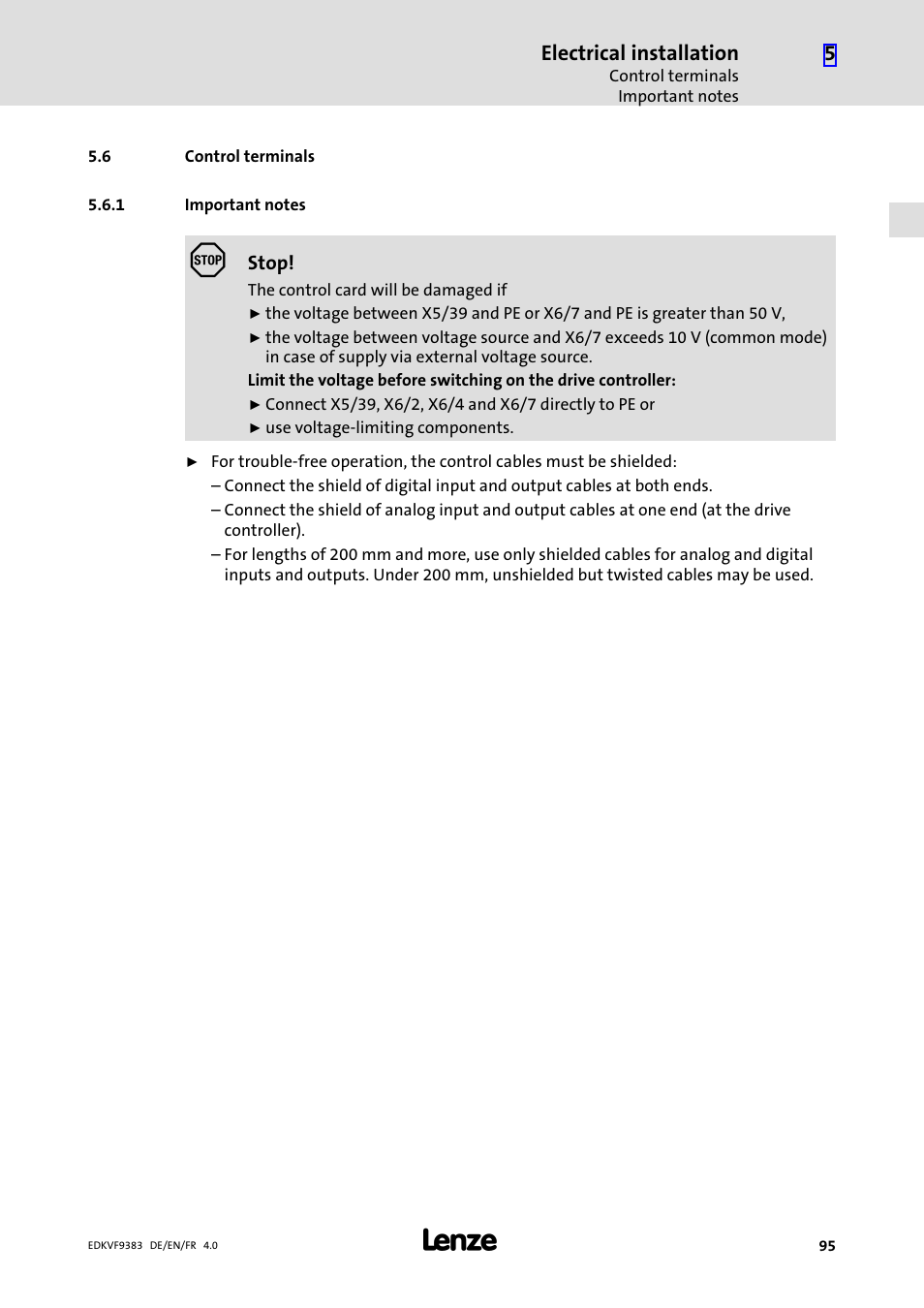 6 control terminals, 1 important notes, Control terminals | Important notes | Lenze EVF9383 User Manual | Page 95 / 166