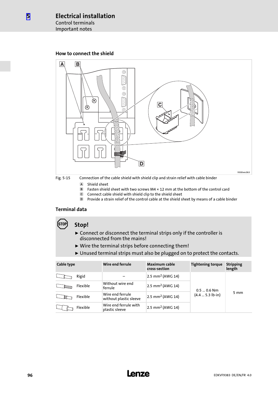Electrical installation, Stop | Lenze EVF9383 User Manual | Page 96 / 166