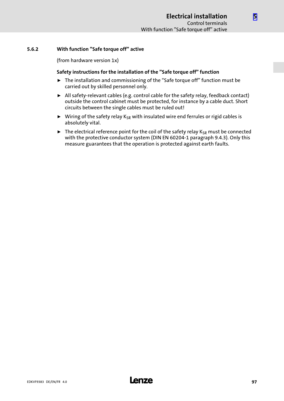 2 with function "safe torque off" active, With function "safe torque off" active, Electrical installation | Lenze EVF9383 User Manual | Page 97 / 166