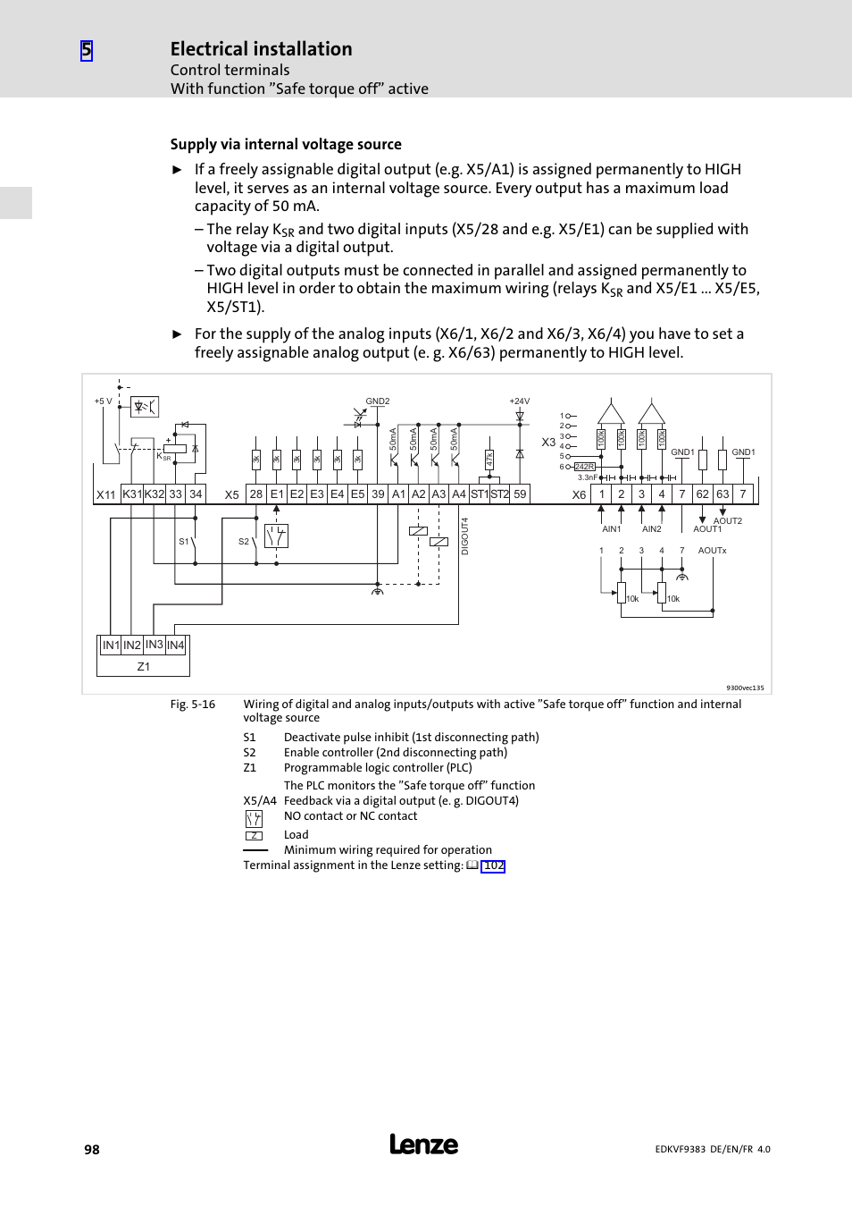 Electrical installation, Supply via internal voltage source | Lenze EVF9383 User Manual | Page 98 / 166