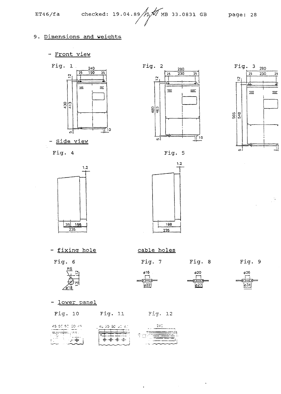 Diniensions and weicrhts, Front view, Side view | Fixinq‘ hole, Cable holes, Lower oaniel | Lenze Range 7800 User Manual | Page 29 / 33