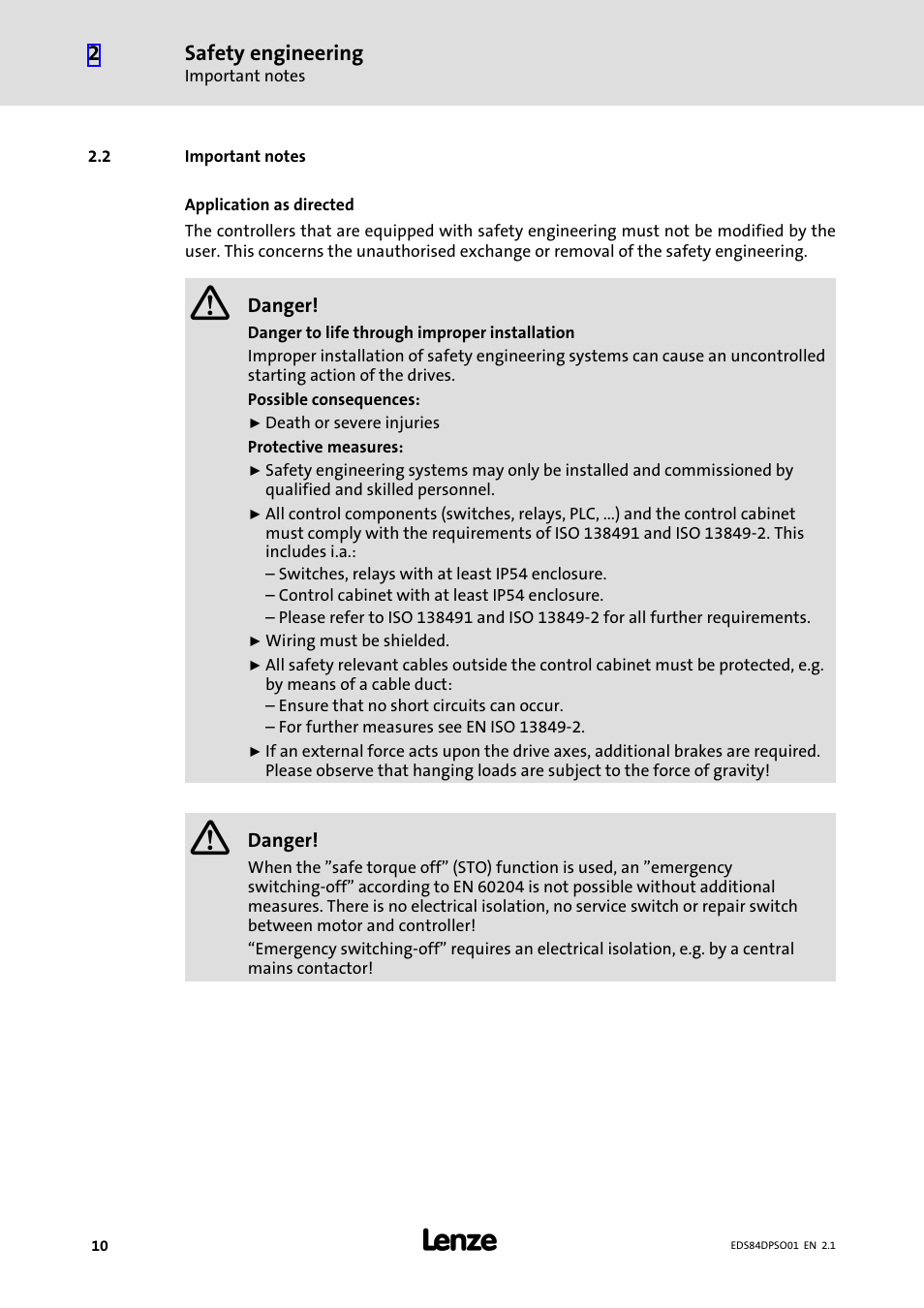 2 important notes, Important notes, Safety engineering | Lenze SO30 8400 protec User Manual | Page 10 / 66