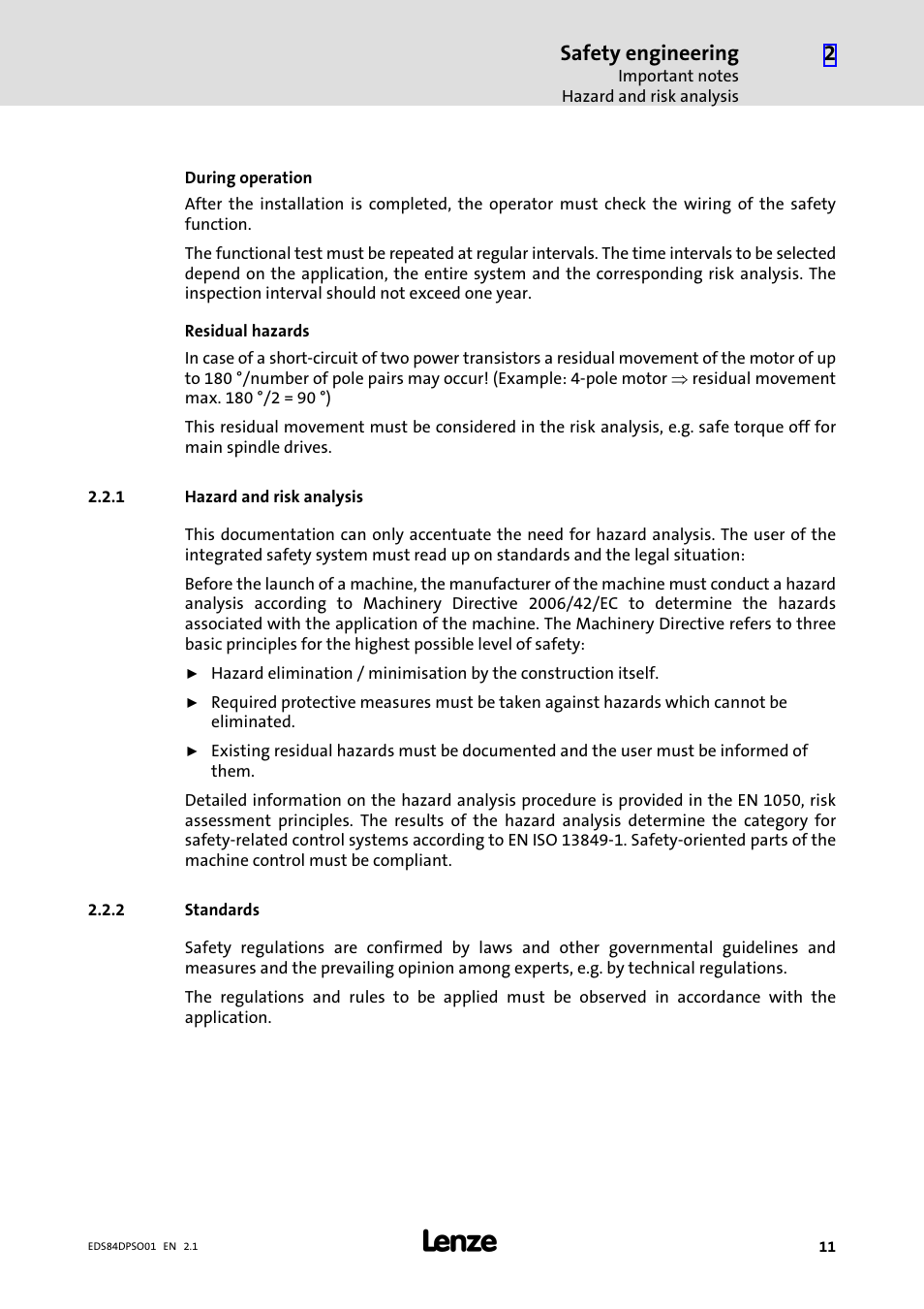 1 hazard and risk analysis, 2 standards, Hazard and risk analysis | Standards, Safety engineering | Lenze SO30 8400 protec User Manual | Page 11 / 66