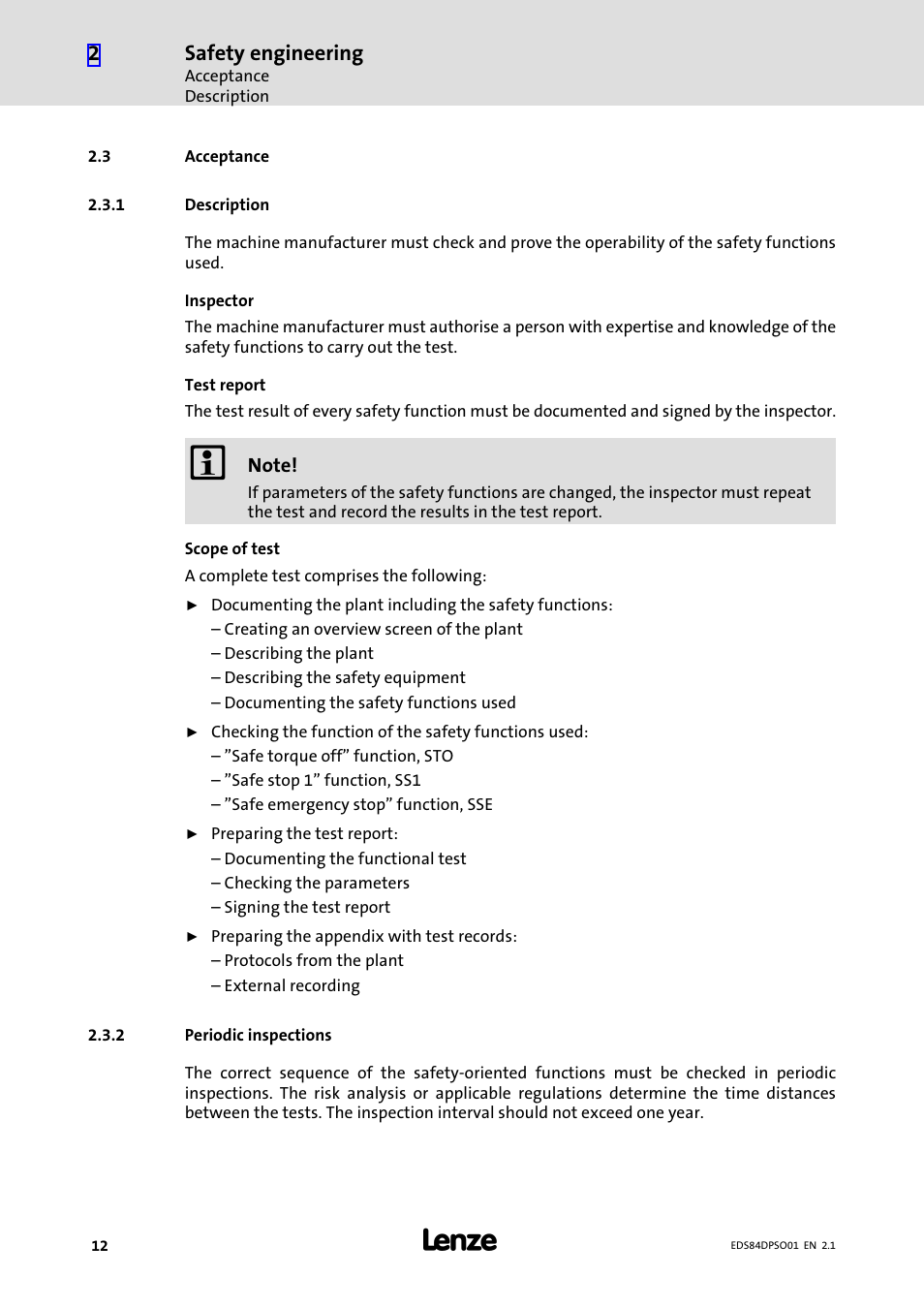 3 acceptance, 1 description, 2 periodic inspections | Acceptance, Description, Periodic inspections, Safety engineering | Lenze SO30 8400 protec User Manual | Page 12 / 66