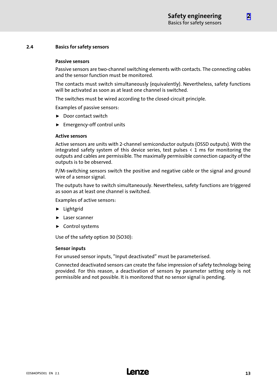 4 basics for safety sensors, Basics for safety sensors, Safety engineering | Lenze SO30 8400 protec User Manual | Page 13 / 66