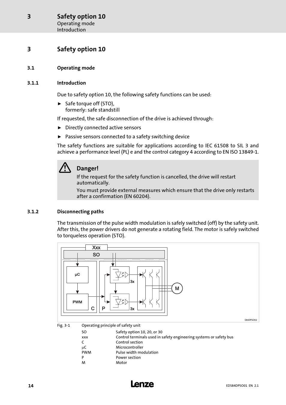 3 safety option 10, 1 operating mode, 1 introduction | 2 disconnecting paths, Safety option 10, Operating mode, Introduction, Disconnecting paths, 3safety option 10, Danger | Lenze SO30 8400 protec User Manual | Page 14 / 66