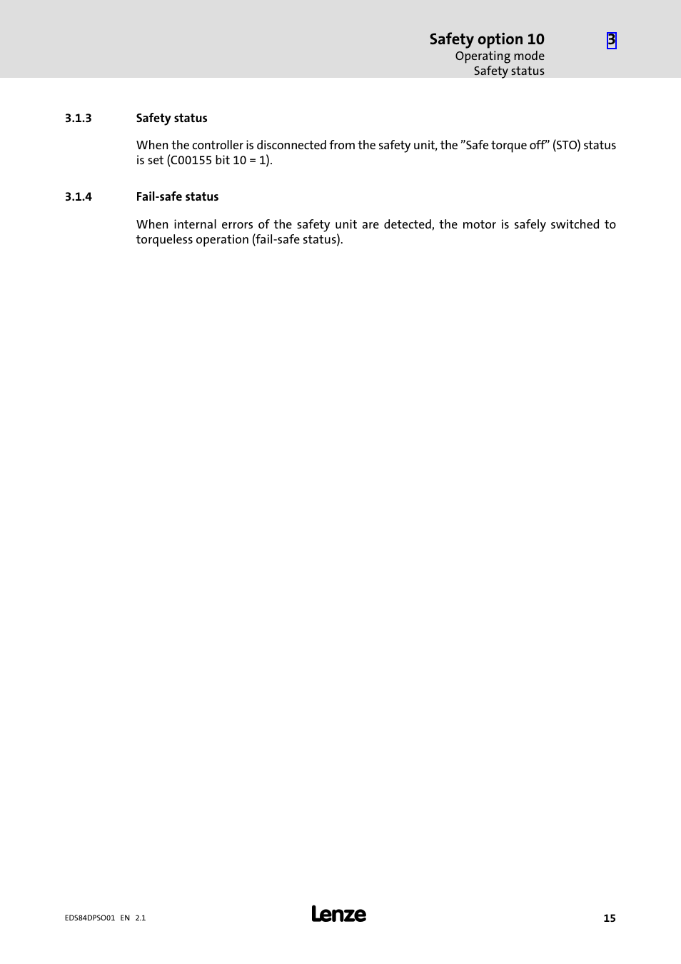 3 safety status, 4 fail-safe status, Safety status | Fail−safe status, Safety option 10 | Lenze SO30 8400 protec User Manual | Page 15 / 66