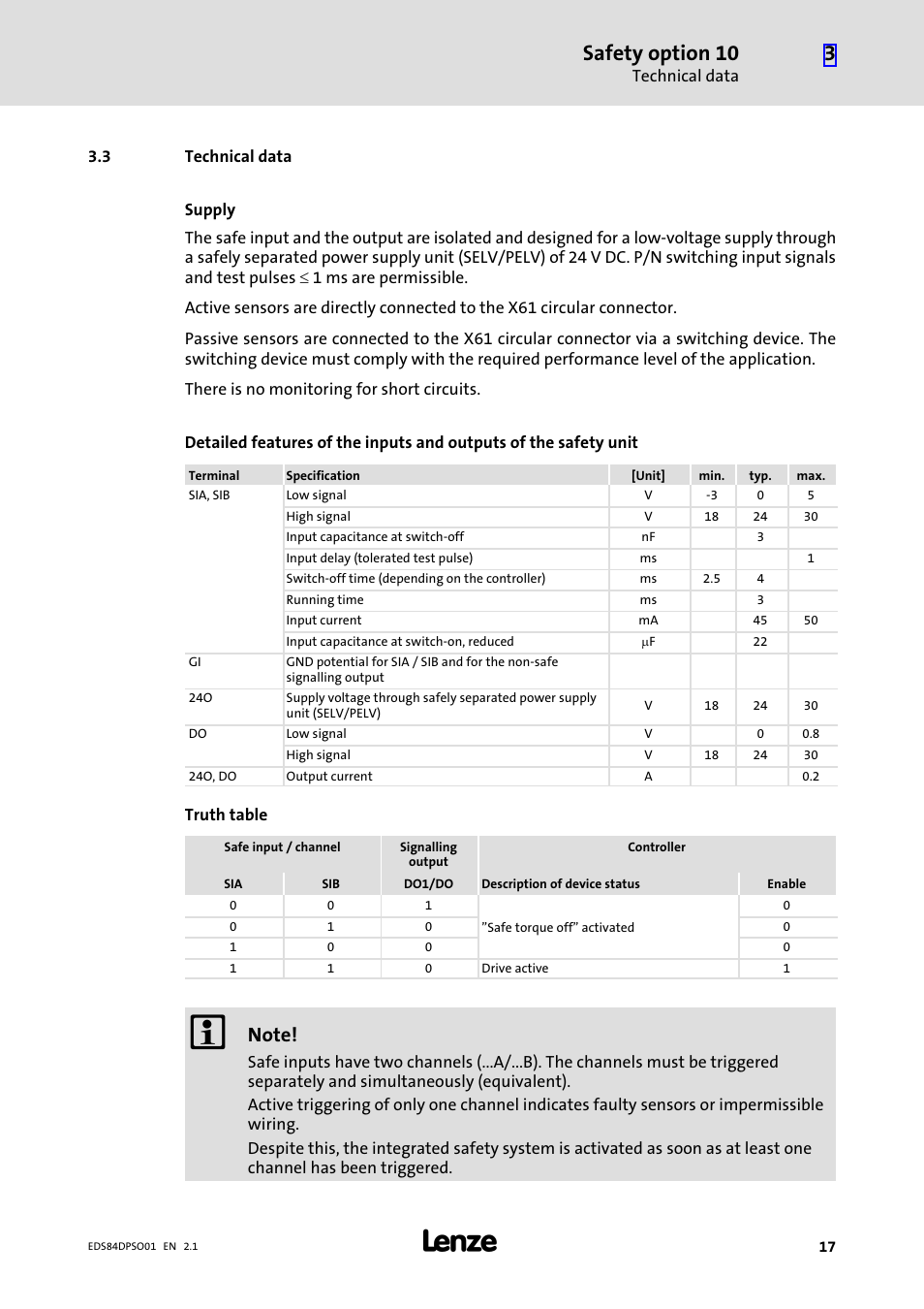 3 technical data, Technical data, Safety option 10 | Lenze SO30 8400 protec User Manual | Page 17 / 66