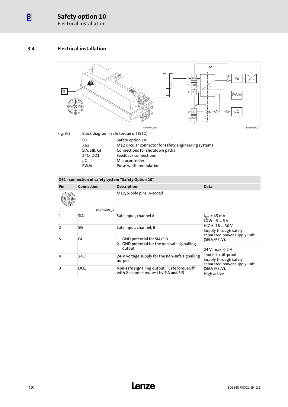 4 electrical installation, Electrical installation, Safety option 10 | Lenze SO30 8400 protec User Manual | Page 18 / 66