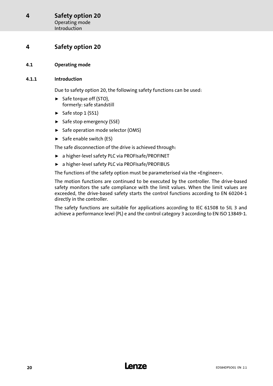 4 safety option 20, 1 operating mode, 1 introduction | Safety option 20, Operating mode, Introduction, 4safety option 20 | Lenze SO30 8400 protec User Manual | Page 20 / 66