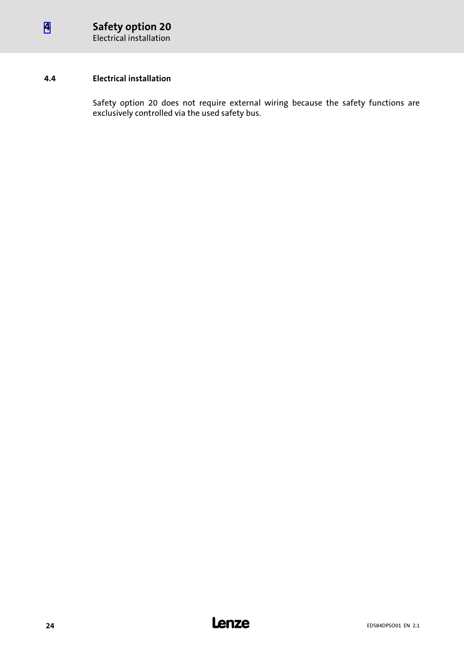 4 electrical installation, Electrical installation | Lenze SO30 8400 protec User Manual | Page 24 / 66