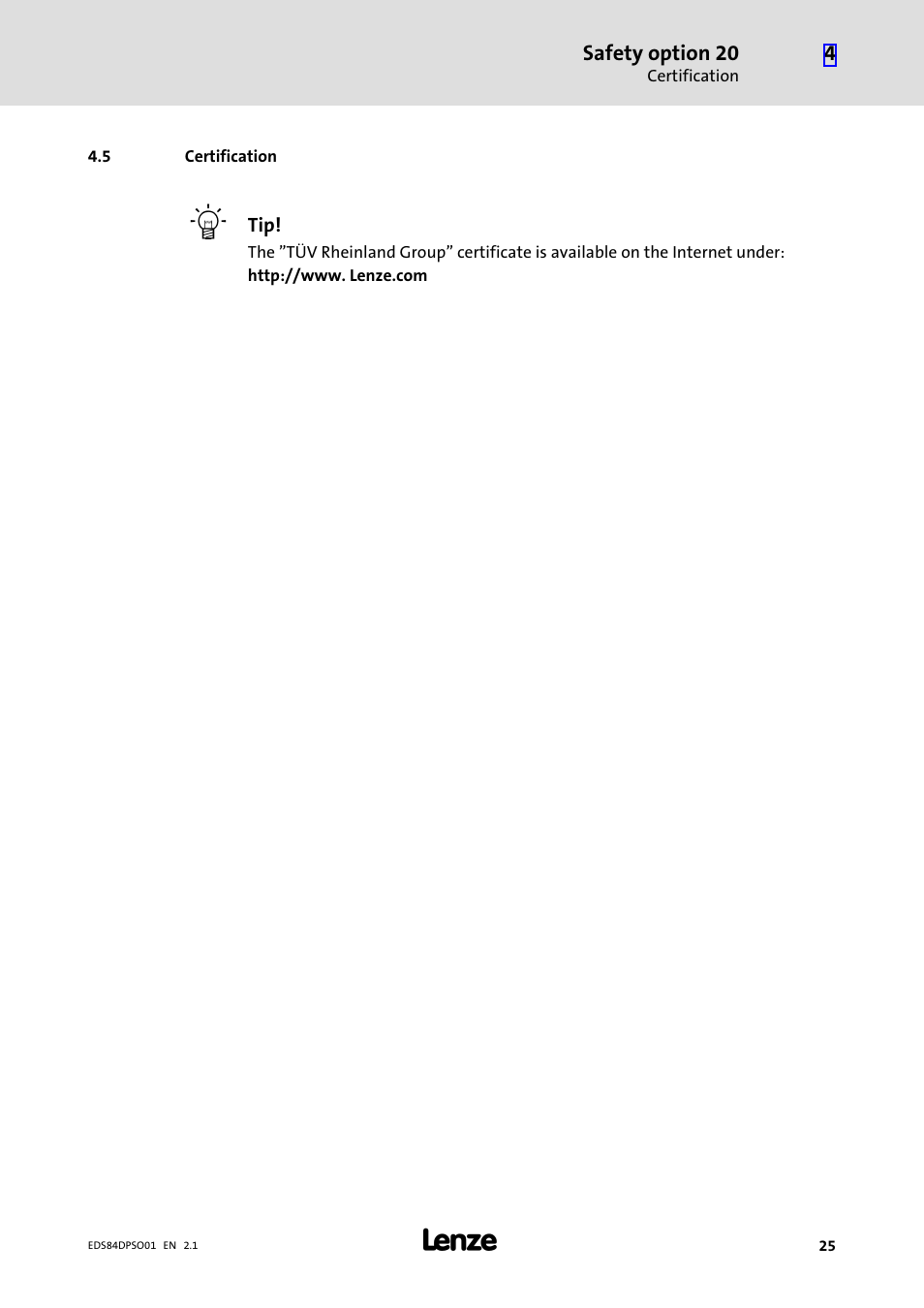 5 certification, Certification | Lenze SO30 8400 protec User Manual | Page 25 / 66