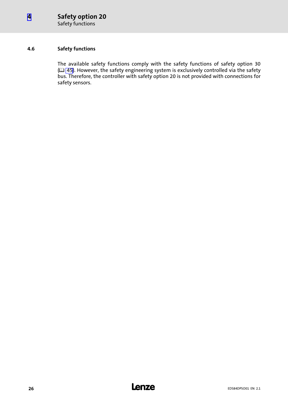 6 safety functions, Safety functions | Lenze SO30 8400 protec User Manual | Page 26 / 66