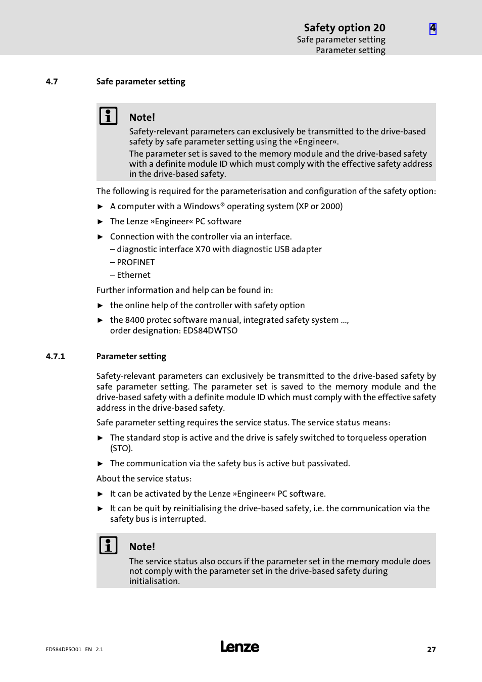 7 safe parameter setting, 1 parameter setting, Safe parameter setting | Parameter setting, Safety option 20 | Lenze SO30 8400 protec User Manual | Page 27 / 66