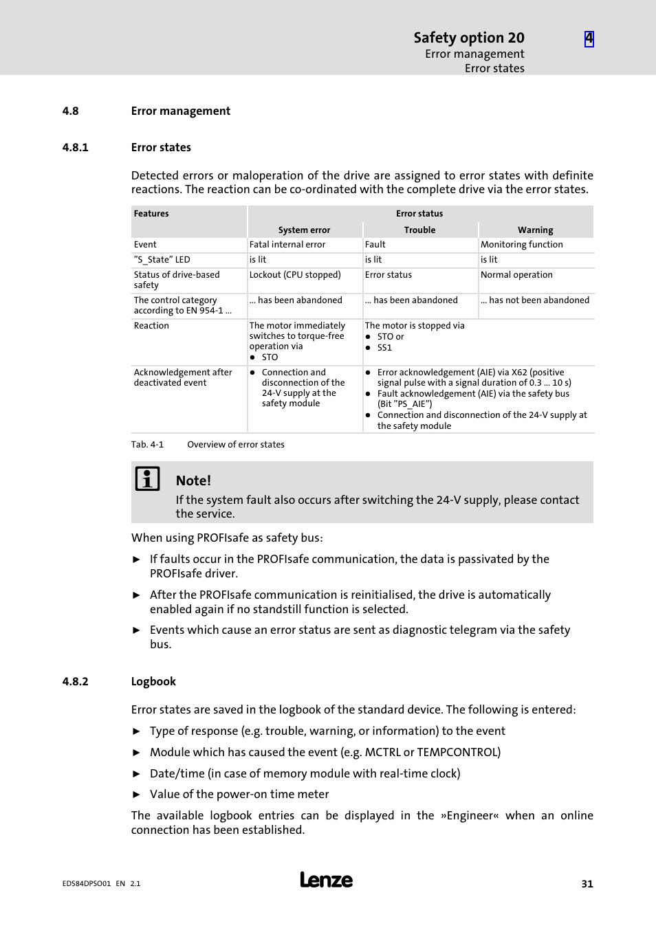 8 error management, 1 error states, 2 logbook | Error management, Error states, Logbook, Safety option 20 | Lenze SO30 8400 protec User Manual | Page 31 / 66