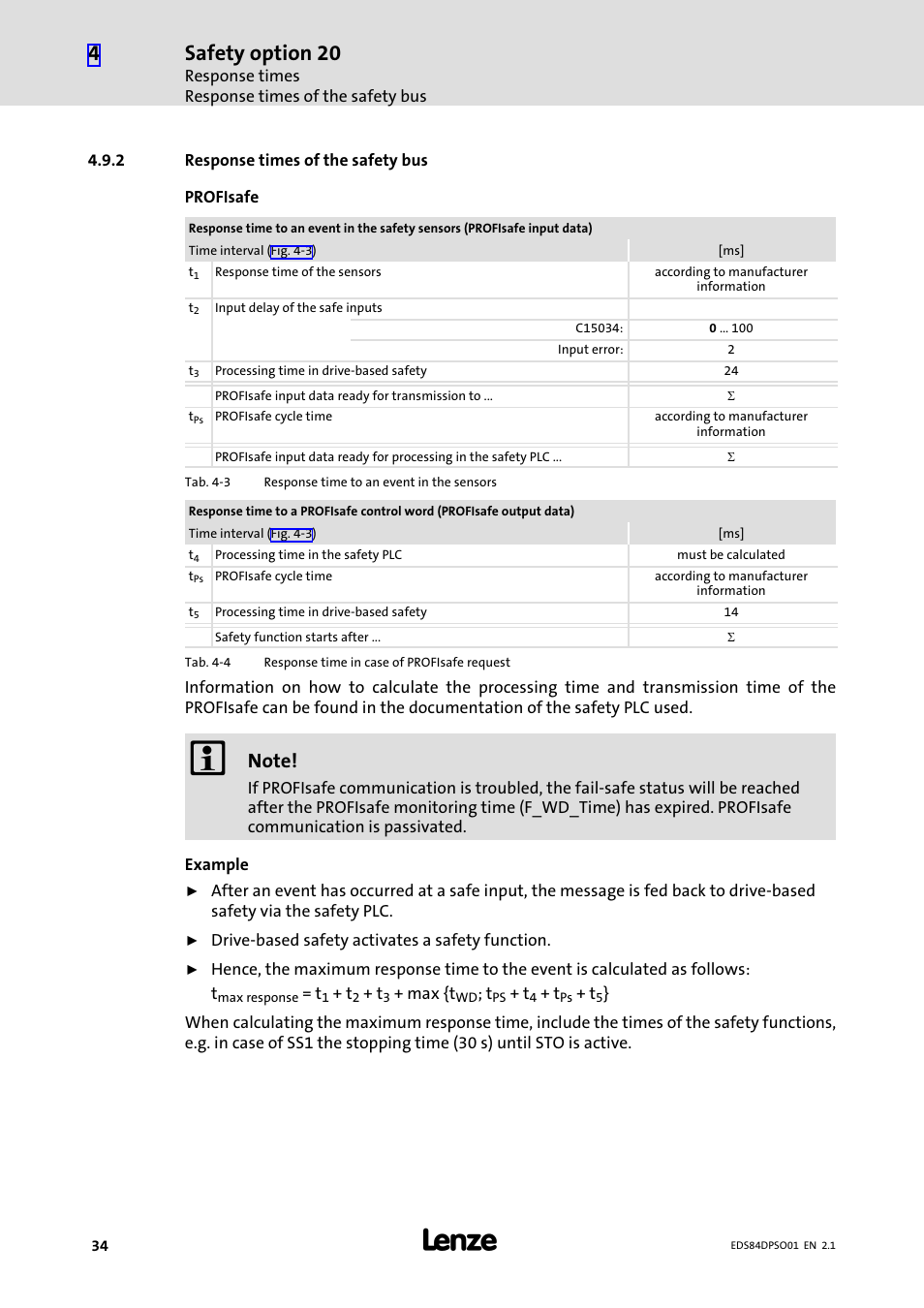 2 response times of the safety bus, Response times of the safety bus, Safety option 20 | Lenze SO30 8400 protec User Manual | Page 34 / 66