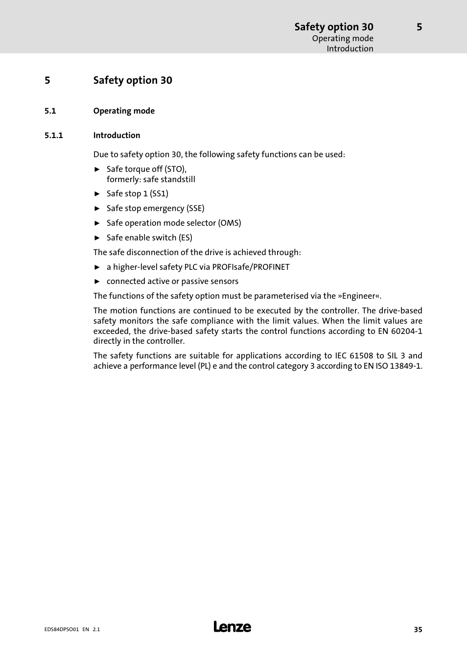 5 safety option 30, 1 operating mode, 1 introduction | Safety option 30, Operating mode, Introduction, 5safety option 30 | Lenze SO30 8400 protec User Manual | Page 35 / 66