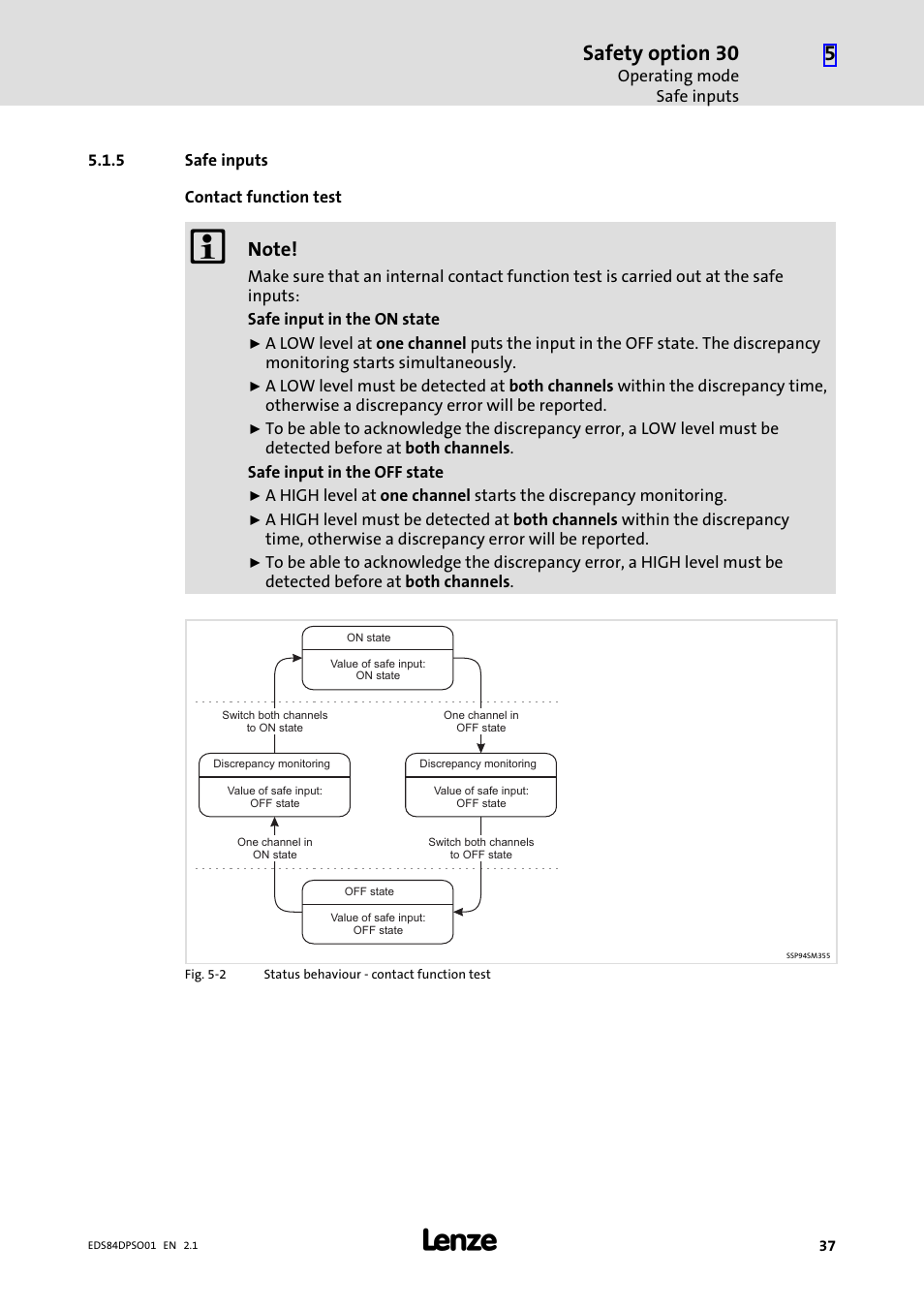 5 safe inputs, Safe inputs, Safety option 30 | Lenze SO30 8400 protec User Manual | Page 37 / 66