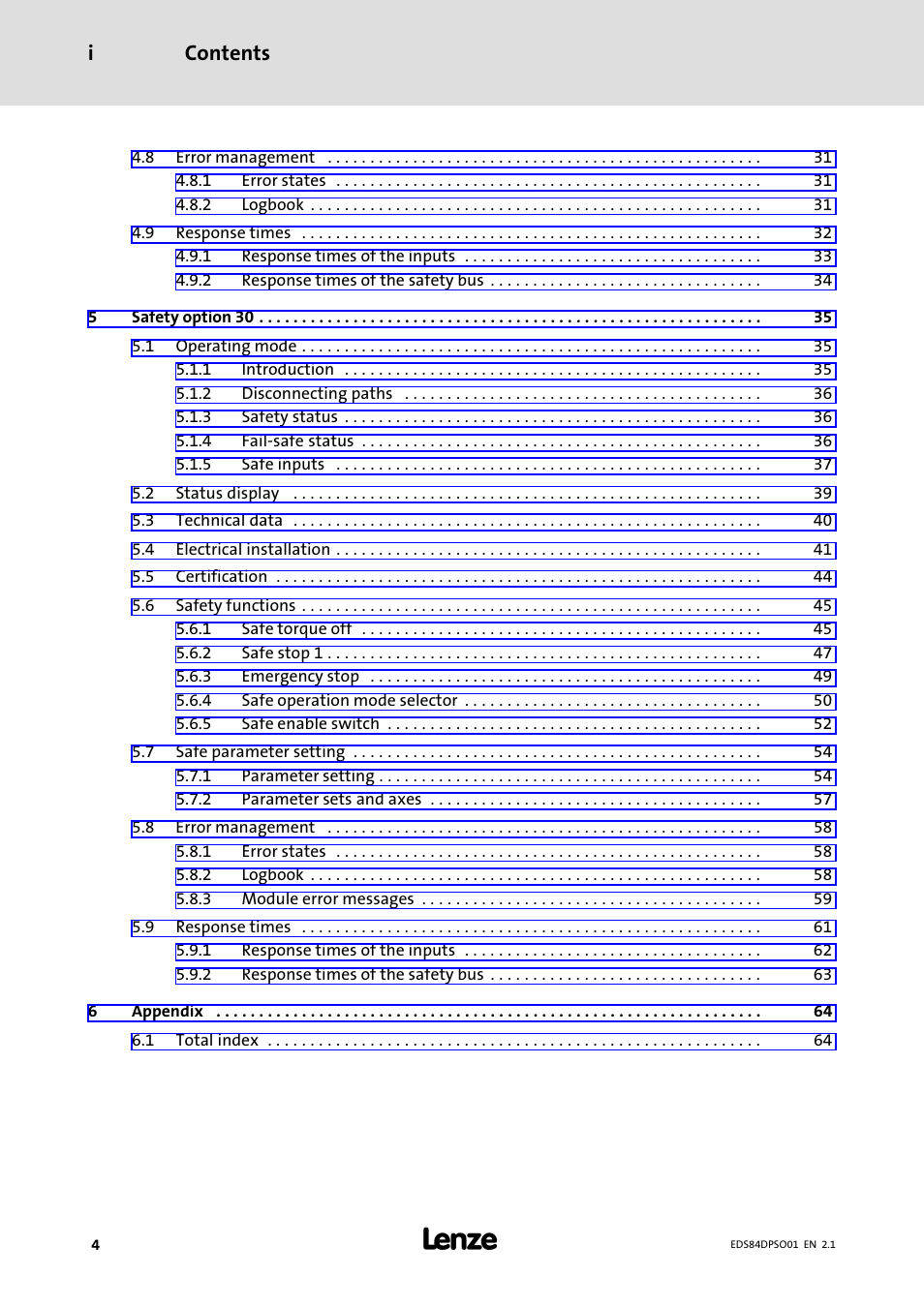 Contents i | Lenze SO30 8400 protec User Manual | Page 4 / 66