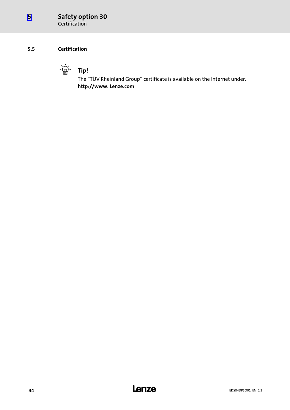 5 certification, Certification | Lenze SO30 8400 protec User Manual | Page 44 / 66