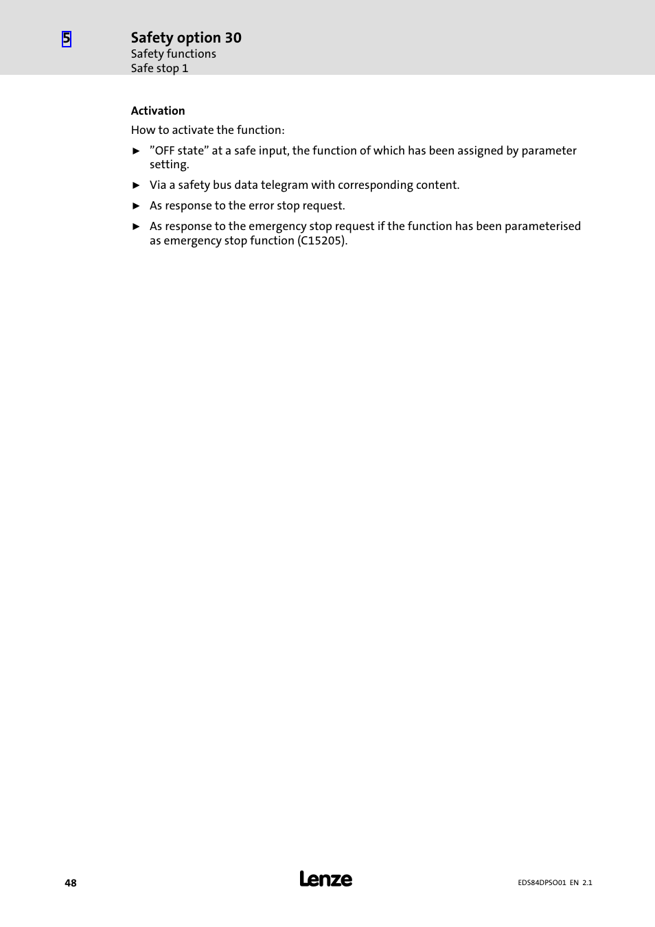 Safety option 30 | Lenze SO30 8400 protec User Manual | Page 48 / 66