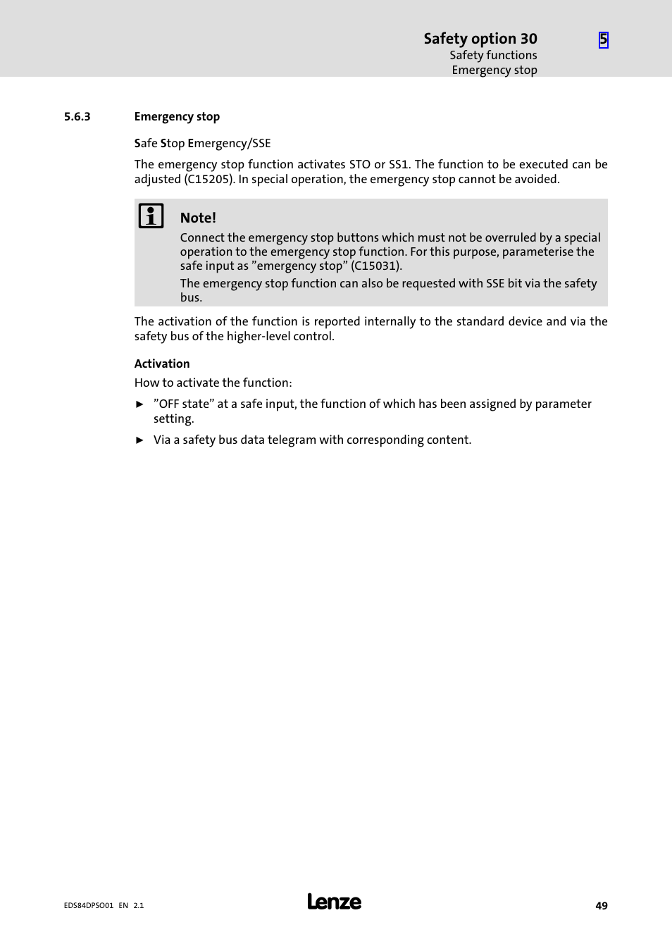 3 emergency stop, Emergency stop, Safety option 30 | Lenze SO30 8400 protec User Manual | Page 49 / 66