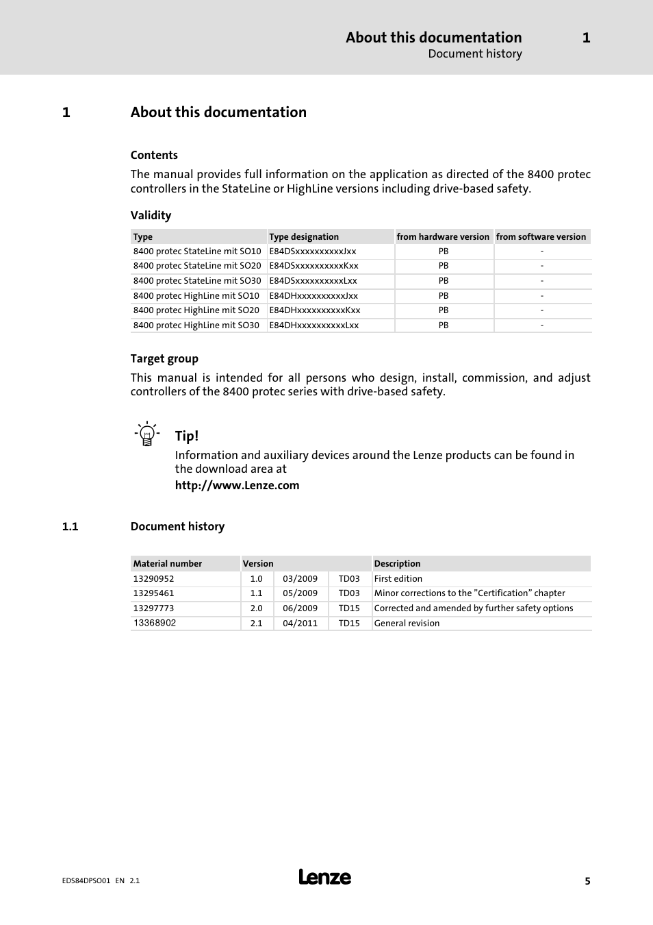 1 about this documentation, 1 document history, About this documentation | Document history, 1about this documentation | Lenze SO30 8400 protec User Manual | Page 5 / 66