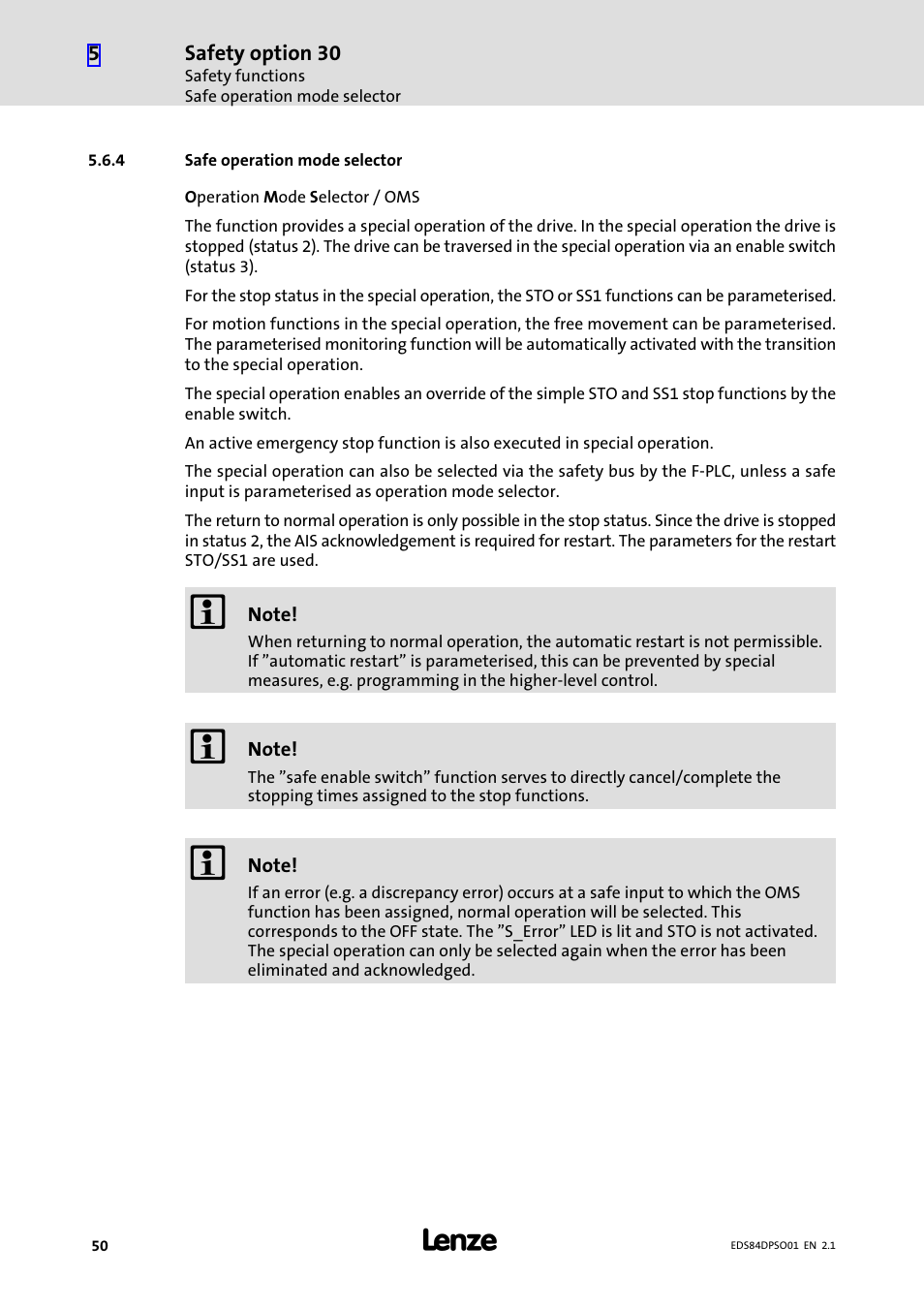 4 safe operation mode selector, Safe operation mode selector | Lenze SO30 8400 protec User Manual | Page 50 / 66