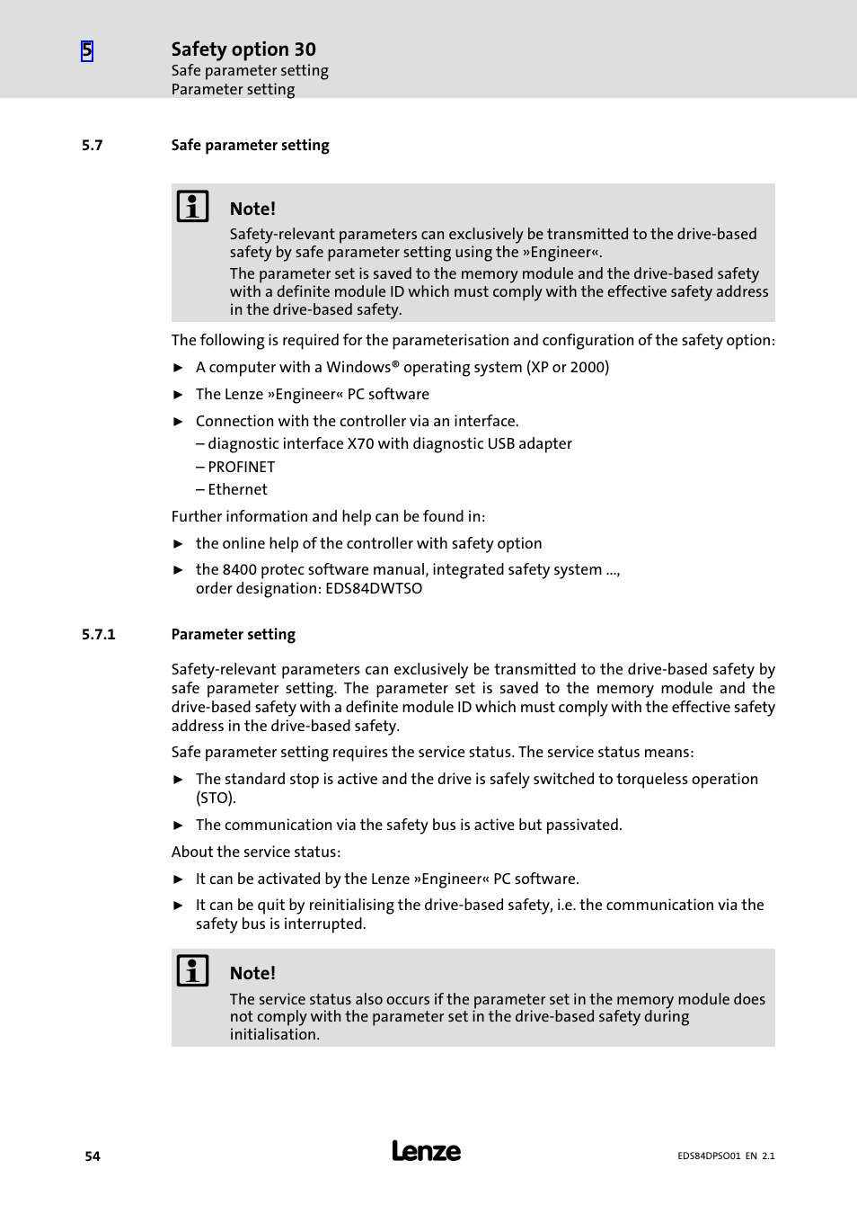 7 safe parameter setting, 1 parameter setting, Safe parameter setting | Parameter setting, Safety option 30 | Lenze SO30 8400 protec User Manual | Page 54 / 66