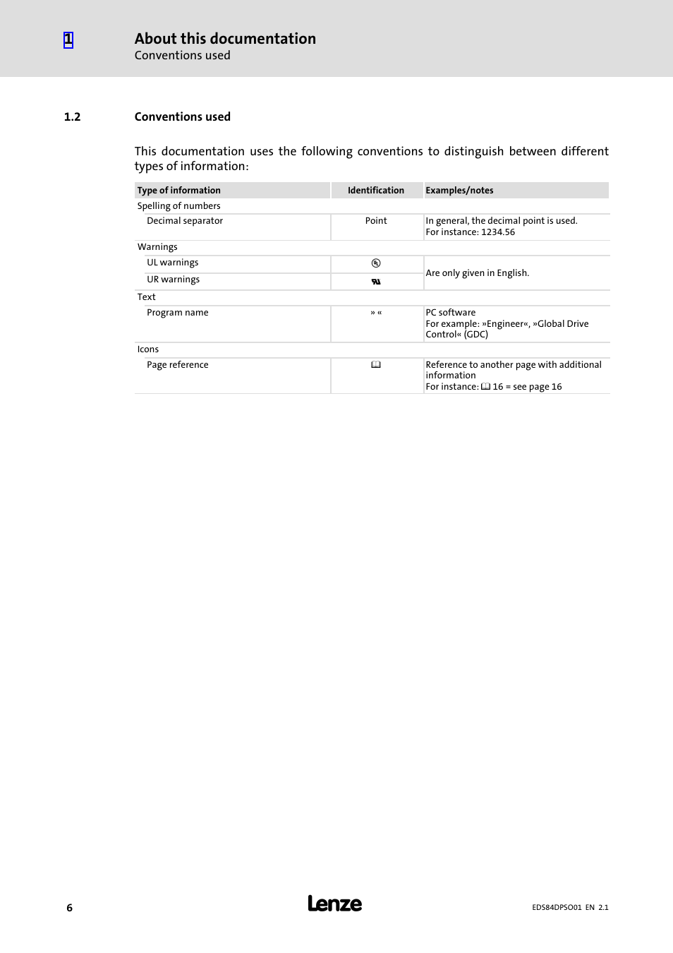 2 conventions used, Conventions used, About this documentation | Lenze SO30 8400 protec User Manual | Page 6 / 66