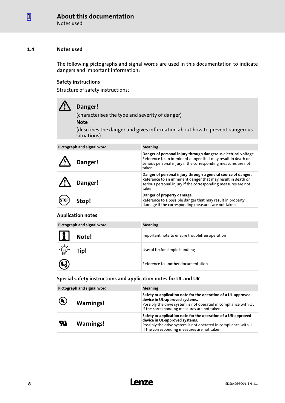 4 notes used, Notes used | Lenze SO30 8400 protec User Manual | Page 8 / 66