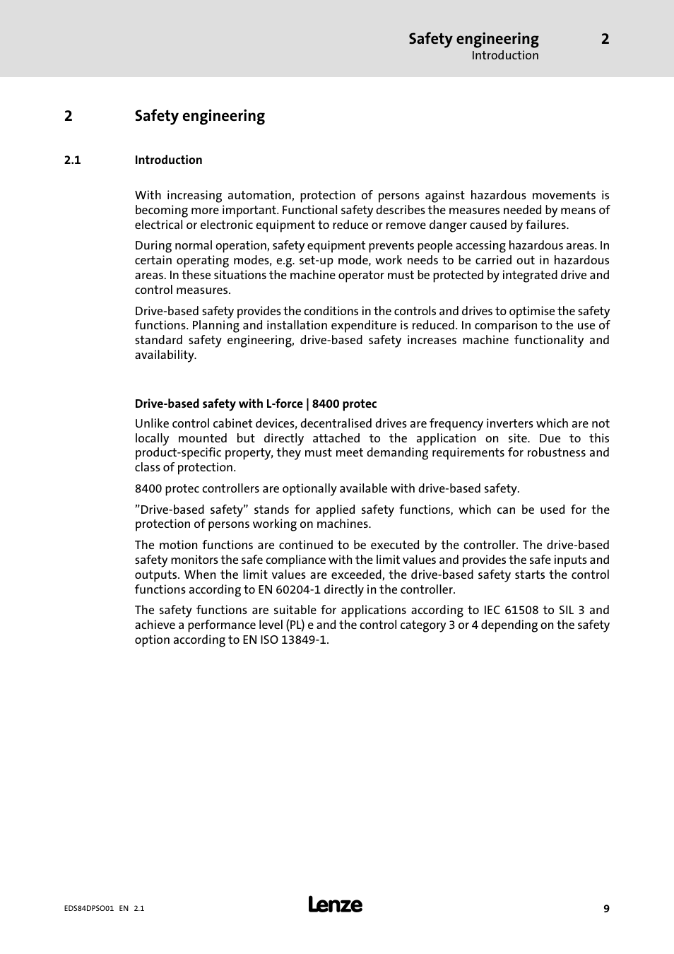 2 safety engineering, 1 introduction, Safety engineering | Introduction, 2safety engineering | Lenze SO30 8400 protec User Manual | Page 9 / 66