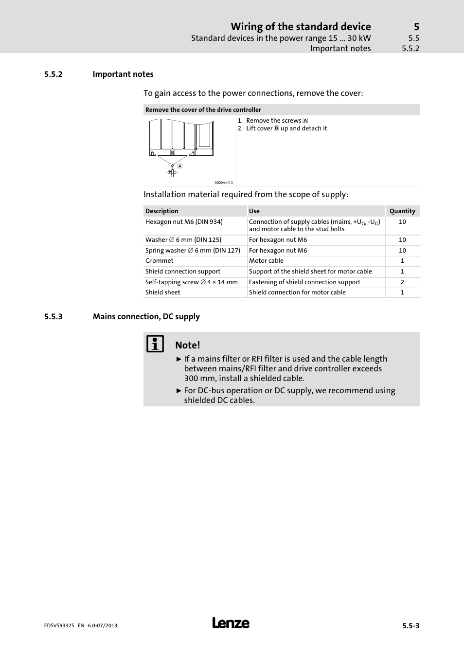 Important notes, Mains connection, dc supply, Wiring of the standard device | Lenze EVS9332xS User Manual | Page 110 / 376