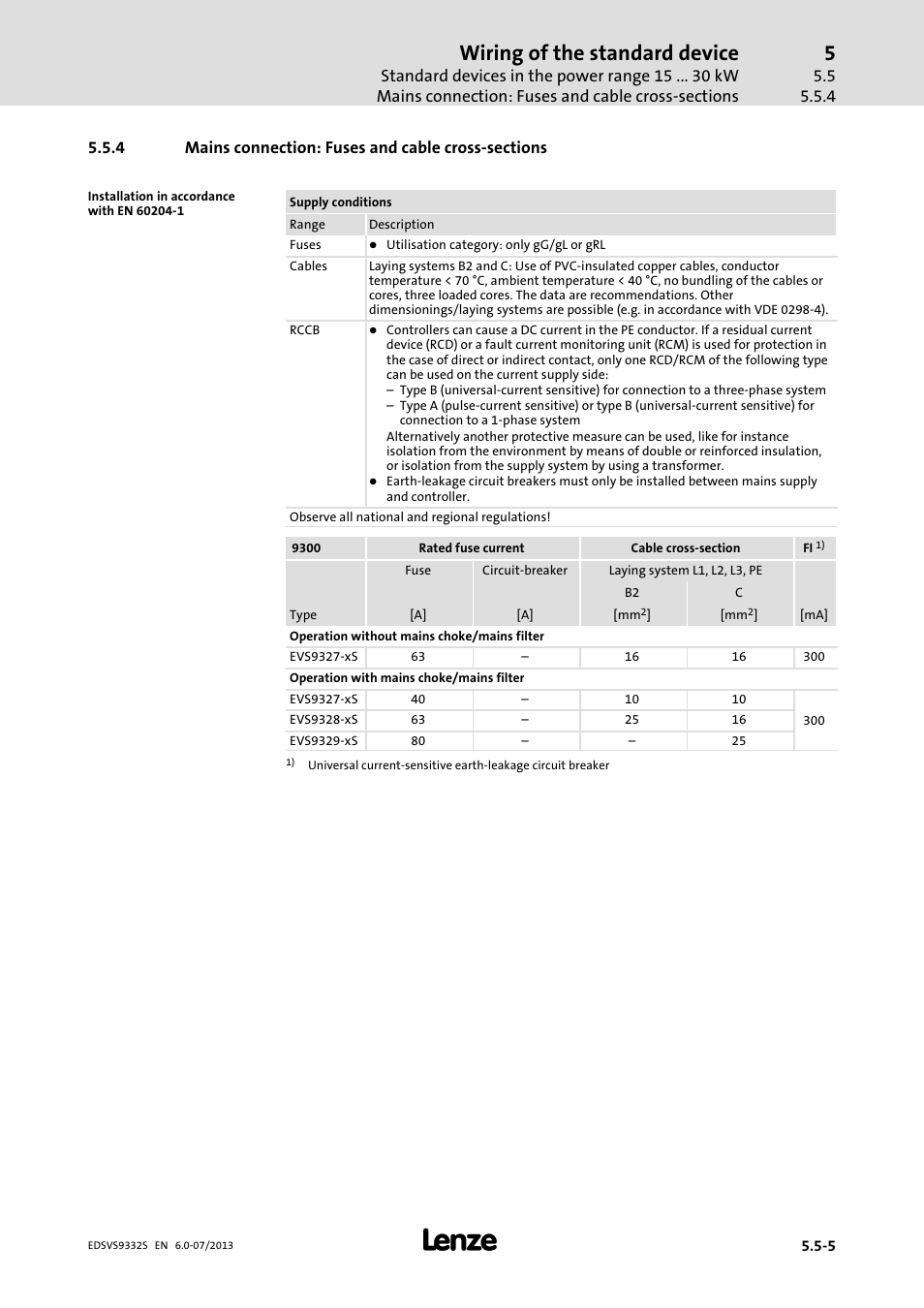 Mains connection: fuses and cable cross-sections, Mains connection: fuses and cable cross−sections, Wiring of the standard device | Lenze EVS9332xS User Manual | Page 112 / 376