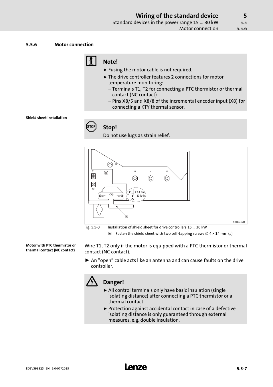 Motor connection, Wiring of the standard device, Stop | Danger | Lenze EVS9332xS User Manual | Page 114 / 376