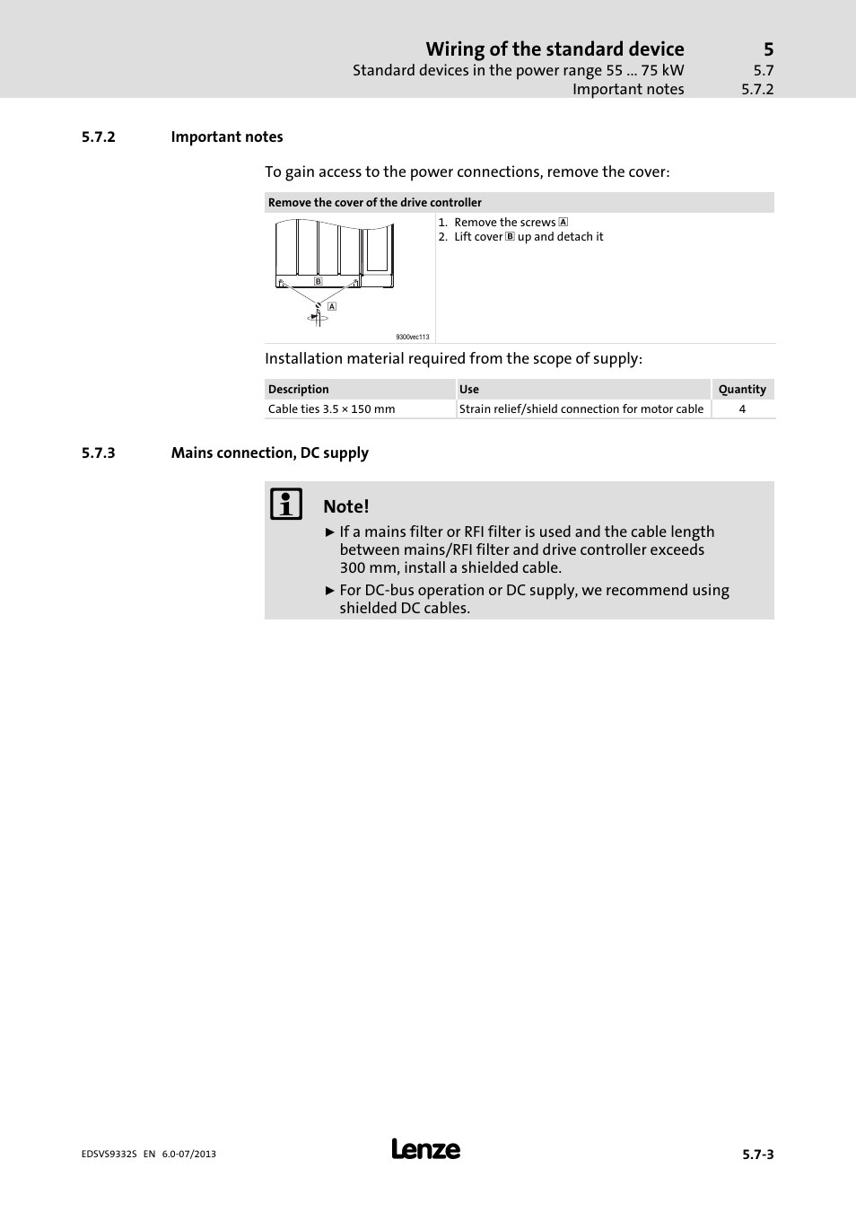 Important notes, Mains connection, dc supply, Wiring of the standard device | Lenze EVS9332xS User Manual | Page 132 / 376