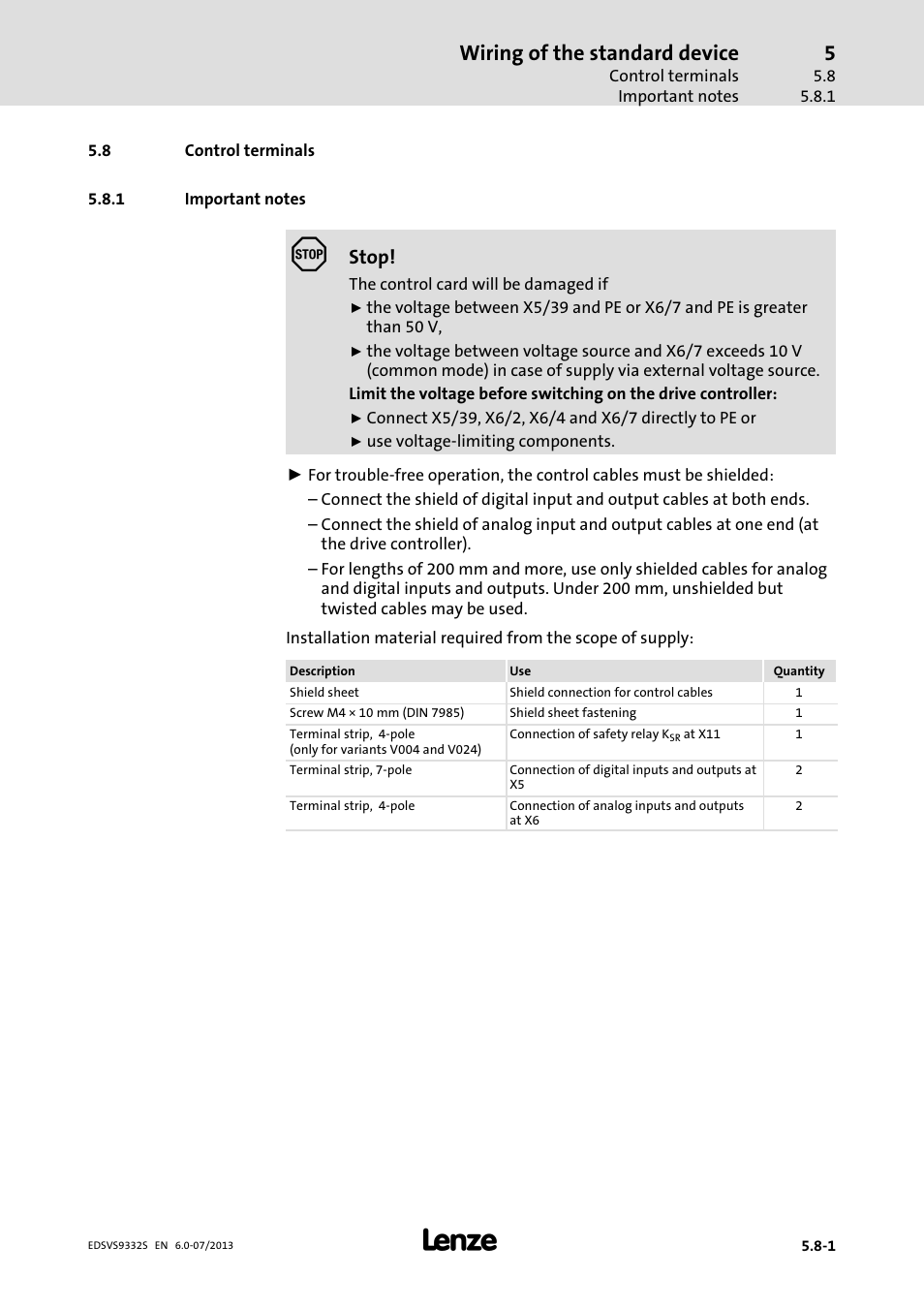 Control terminals, Important notes, Wiring of the standard device | Stop | Lenze EVS9332xS User Manual | Page 140 / 376