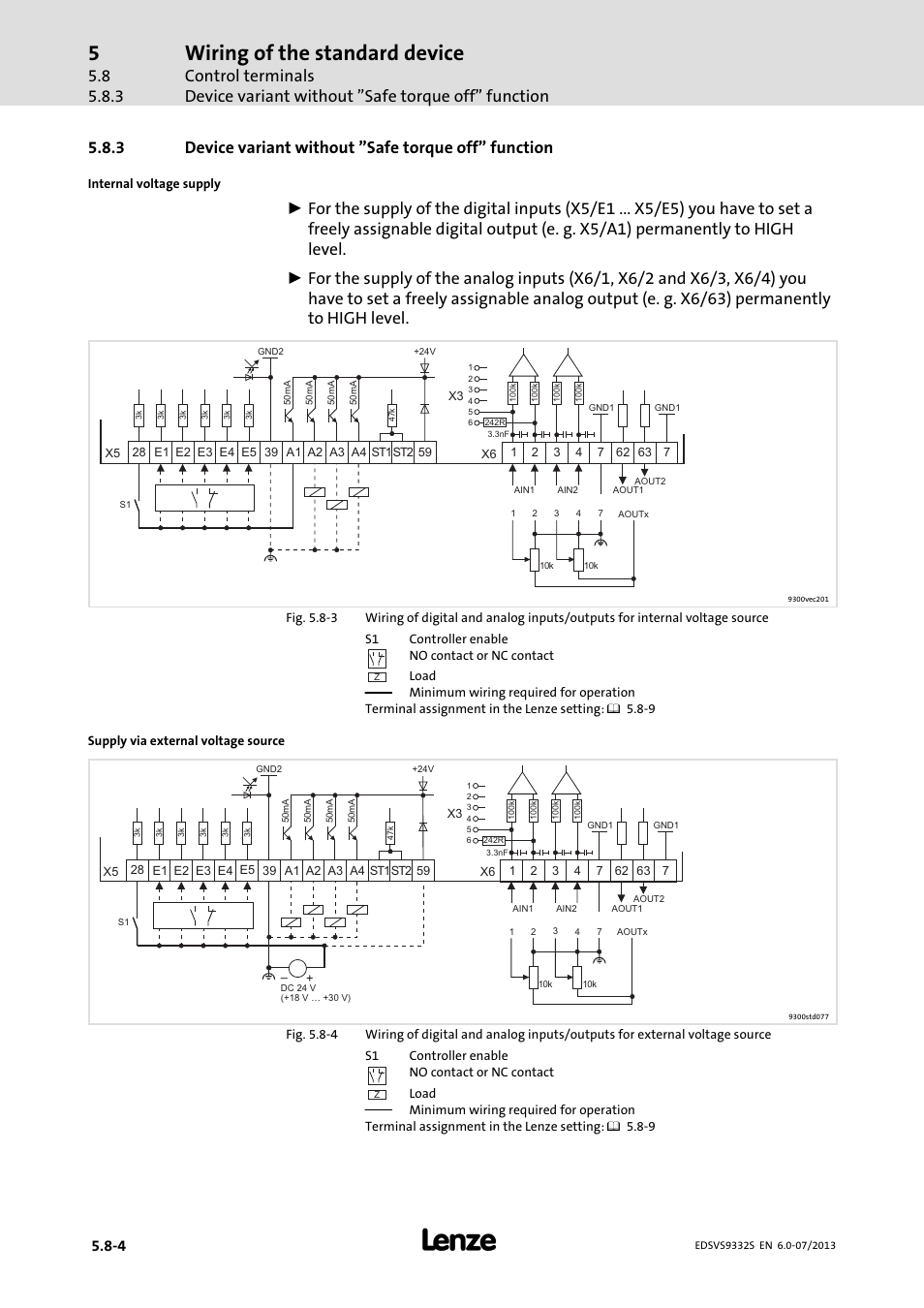Device variant without "safe torque off" function, Wiring of the standard device | Lenze EVS9332xS User Manual | Page 143 / 376