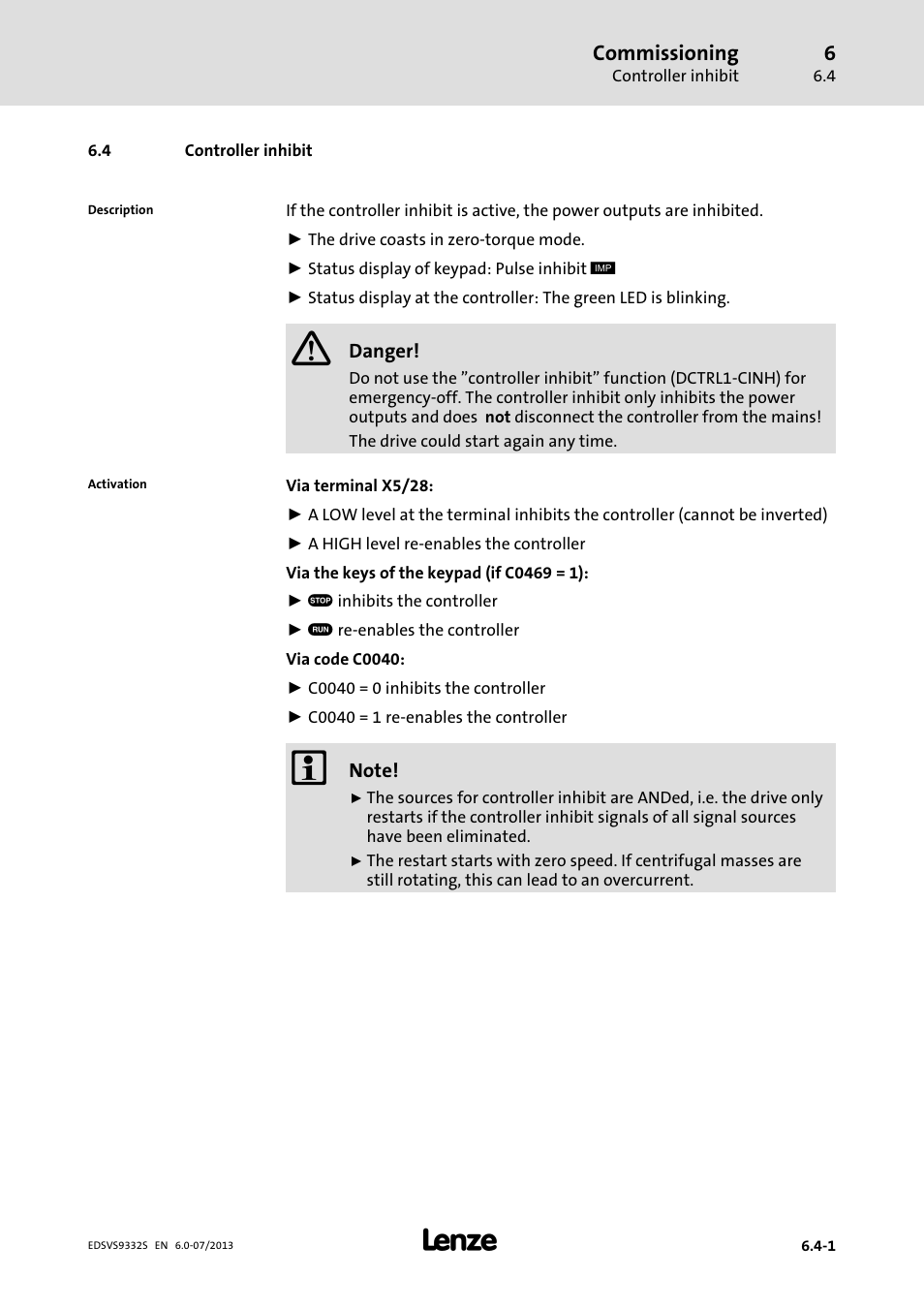 Controller inhibit | Lenze EVS9332xS User Manual | Page 170 / 376