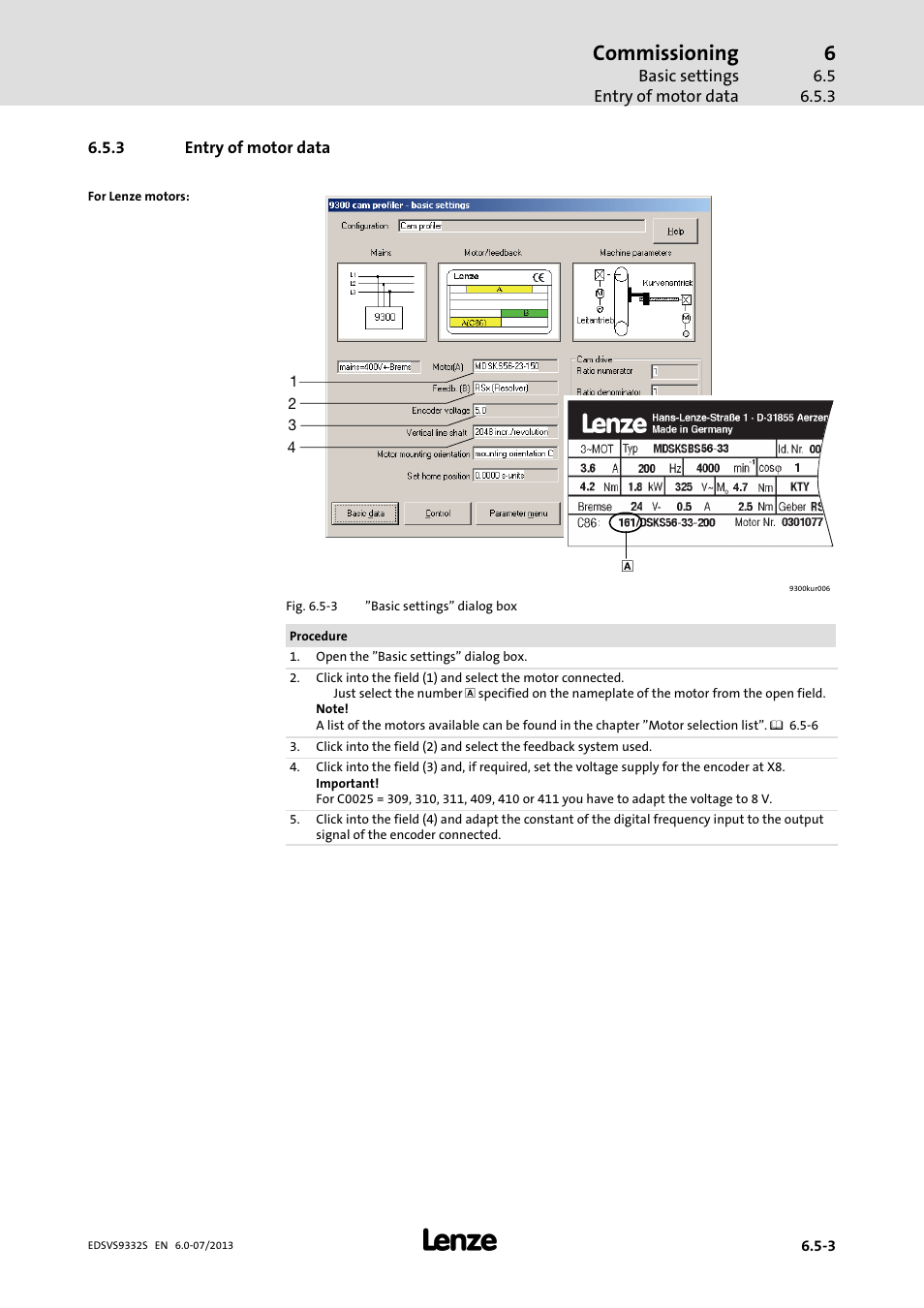 Entry of motor data, Commissioning | Lenze EVS9332xS User Manual | Page 174 / 376