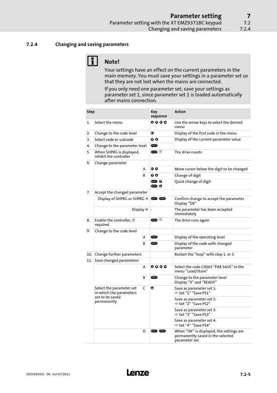 Changing and saving parameters, Parameter setting | Lenze EVS9332xS User Manual | Page 214 / 376