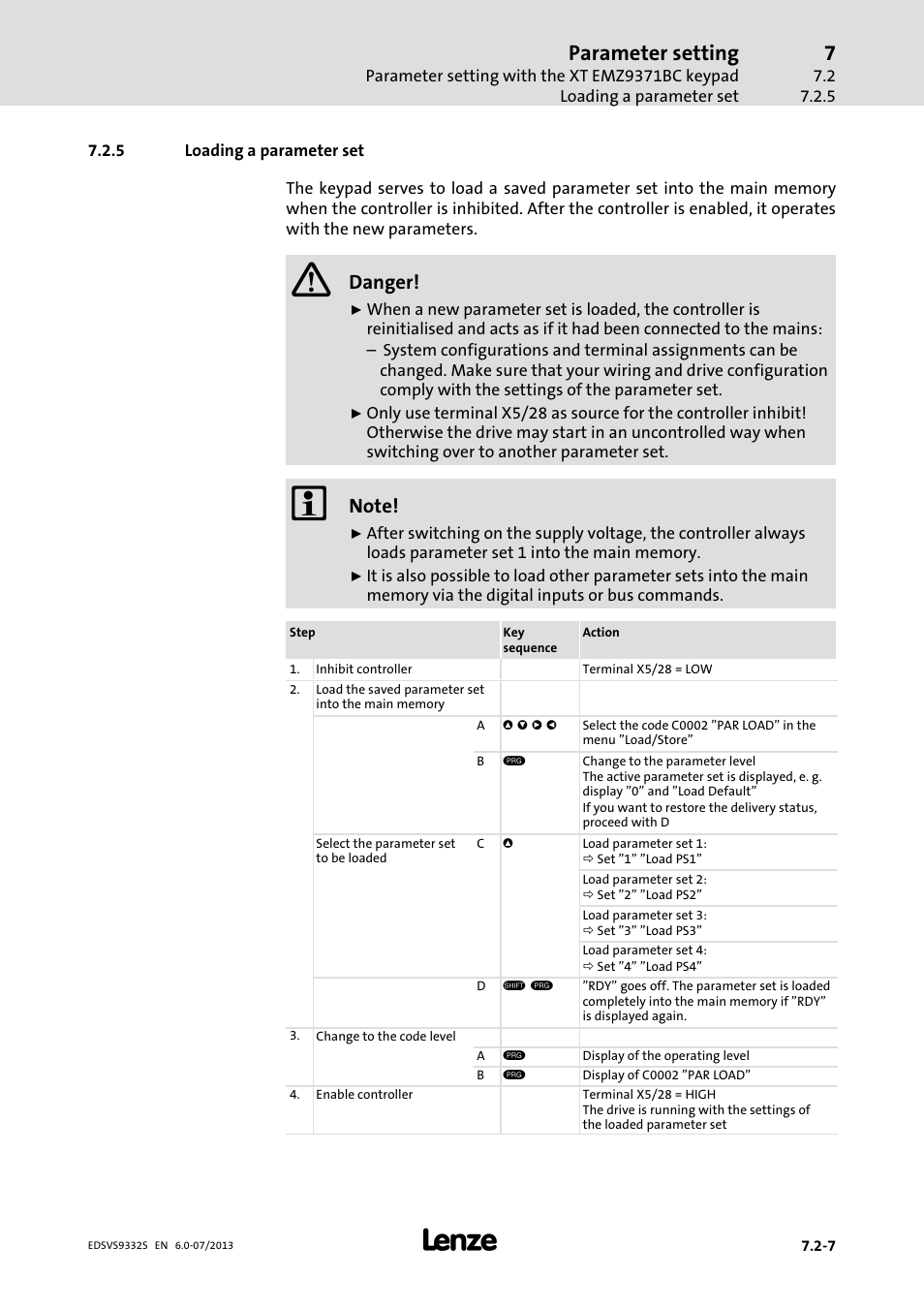 Loading a parameter set, Parameter setting, Danger | Lenze EVS9332xS User Manual | Page 216 / 376