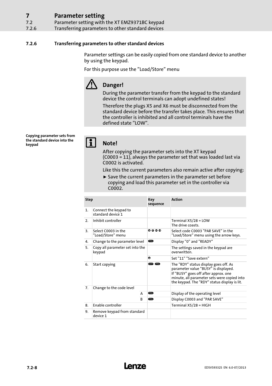 Transferring parameters to other standard devices, Parameter setting, Danger | Lenze EVS9332xS User Manual | Page 217 / 376