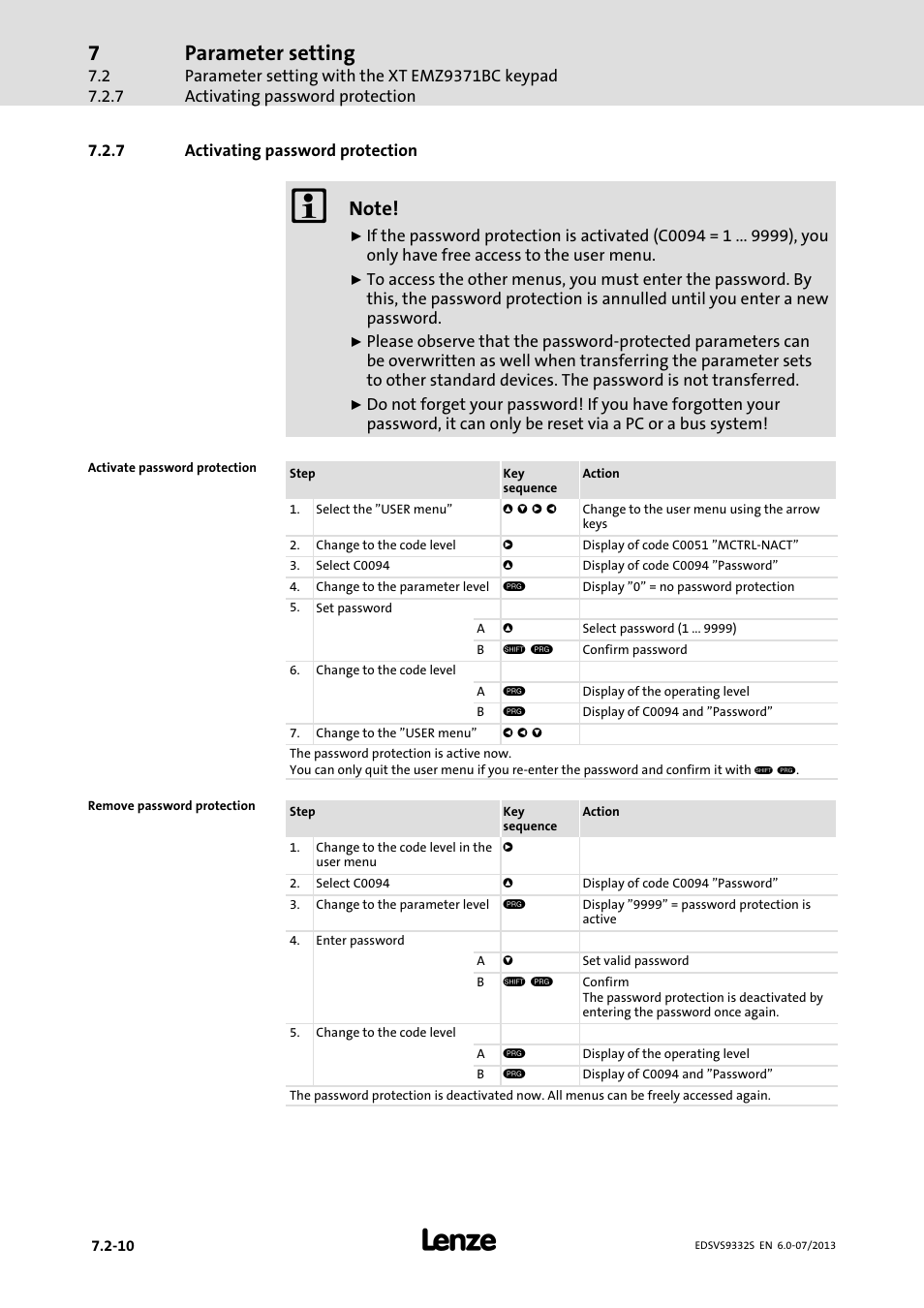 Activating password protection, Parameter setting | Lenze EVS9332xS User Manual | Page 219 / 376