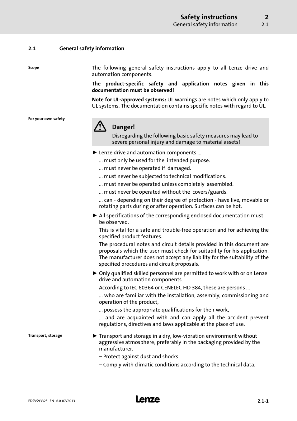 General safety information | Lenze EVS9332xS User Manual | Page 24 / 376