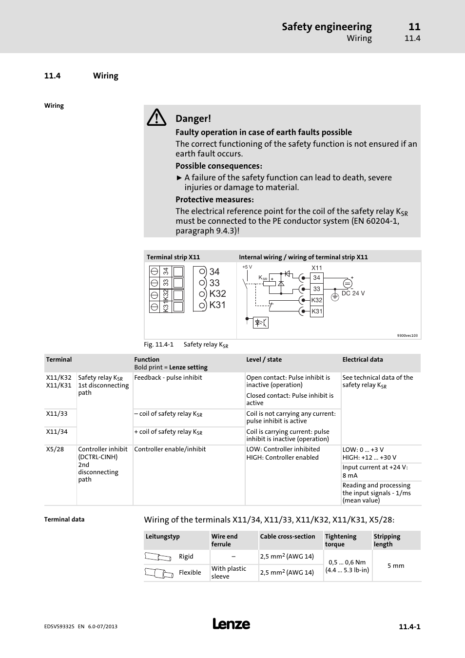 Wiring, Safety engineering, Danger | Lenze EVS9332xS User Manual | Page 352 / 376