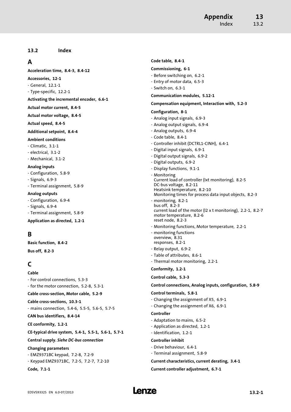 Index, Appendix | Lenze EVS9332xS User Manual | Page 370 / 376