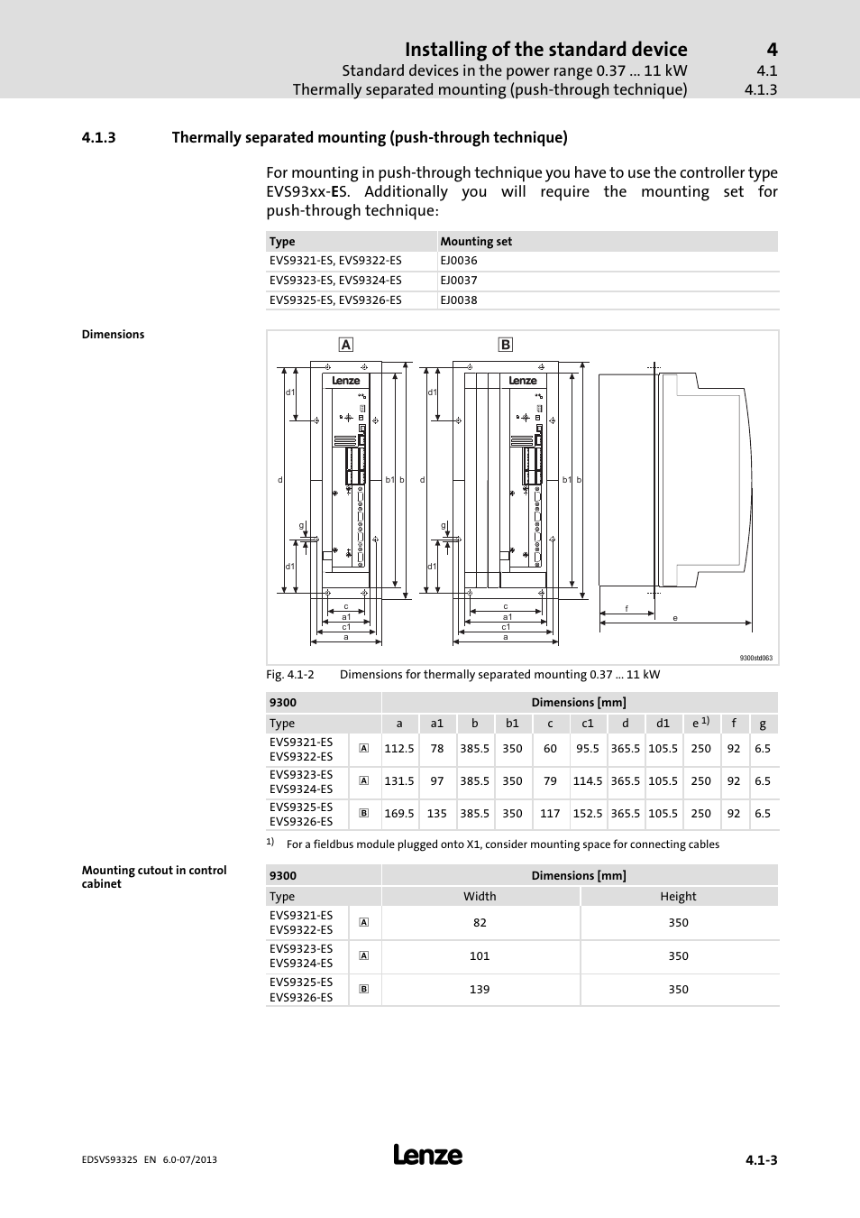 Installing of the standard device | Lenze EVS9332xS User Manual | Page 54 / 376